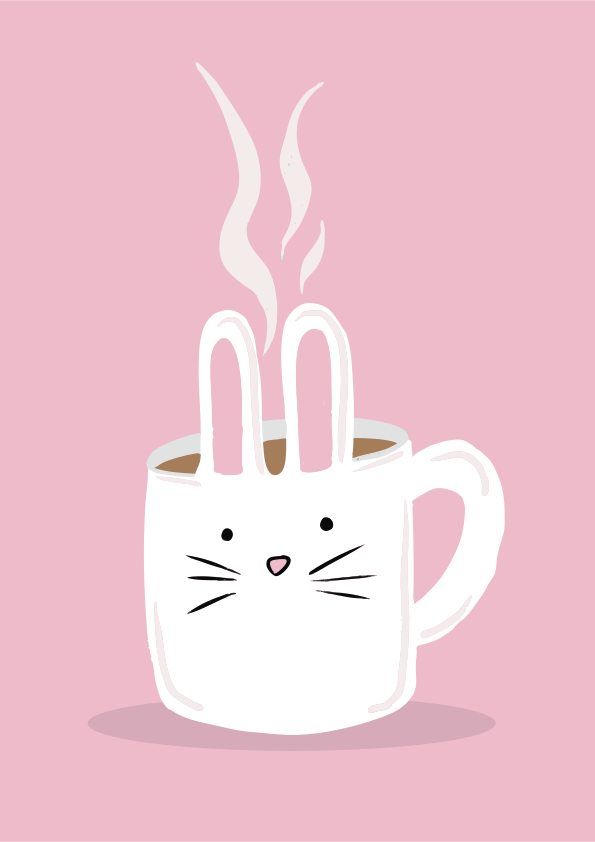 A cute bunny-shaped mug filled with hot coffee