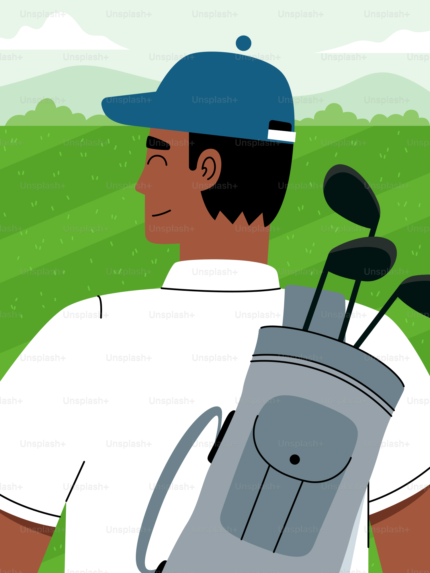 Golfer with bag on shoulder on green course