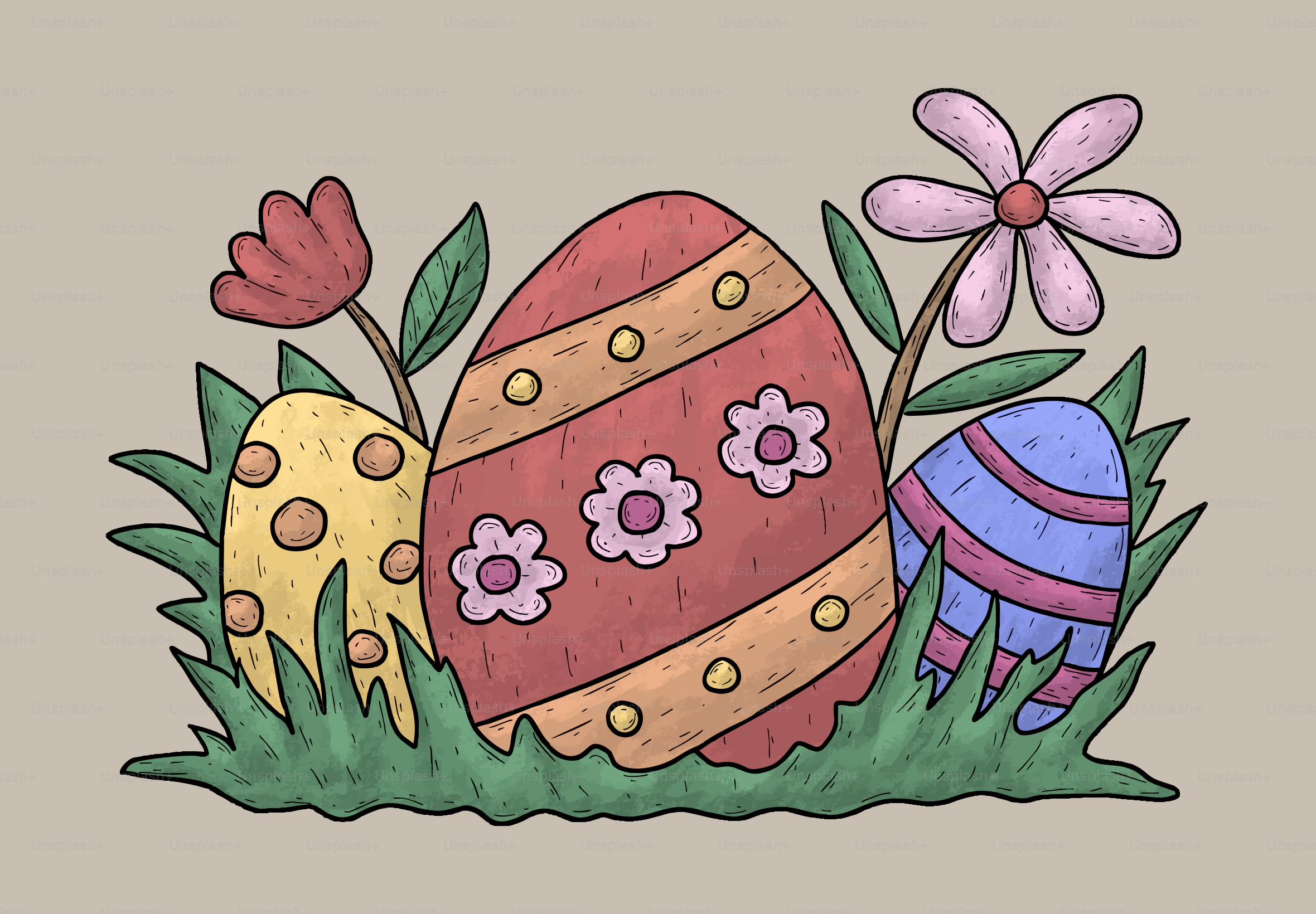 Des œufs de Pâques décorés avec des fleurs et de l’herbe