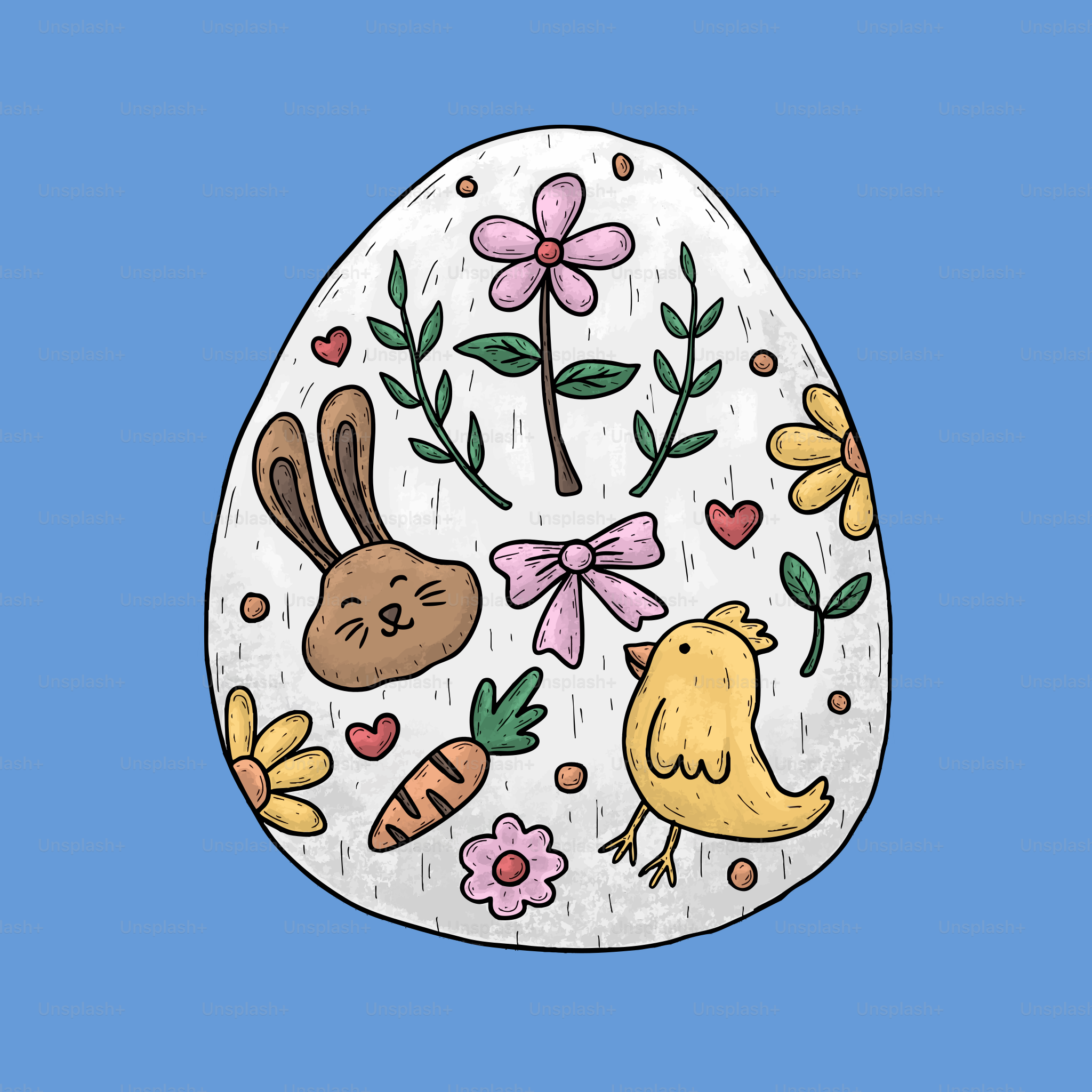 Un œuf de Pâques décoré d’un lapin, d’un poussin et de fleurs.