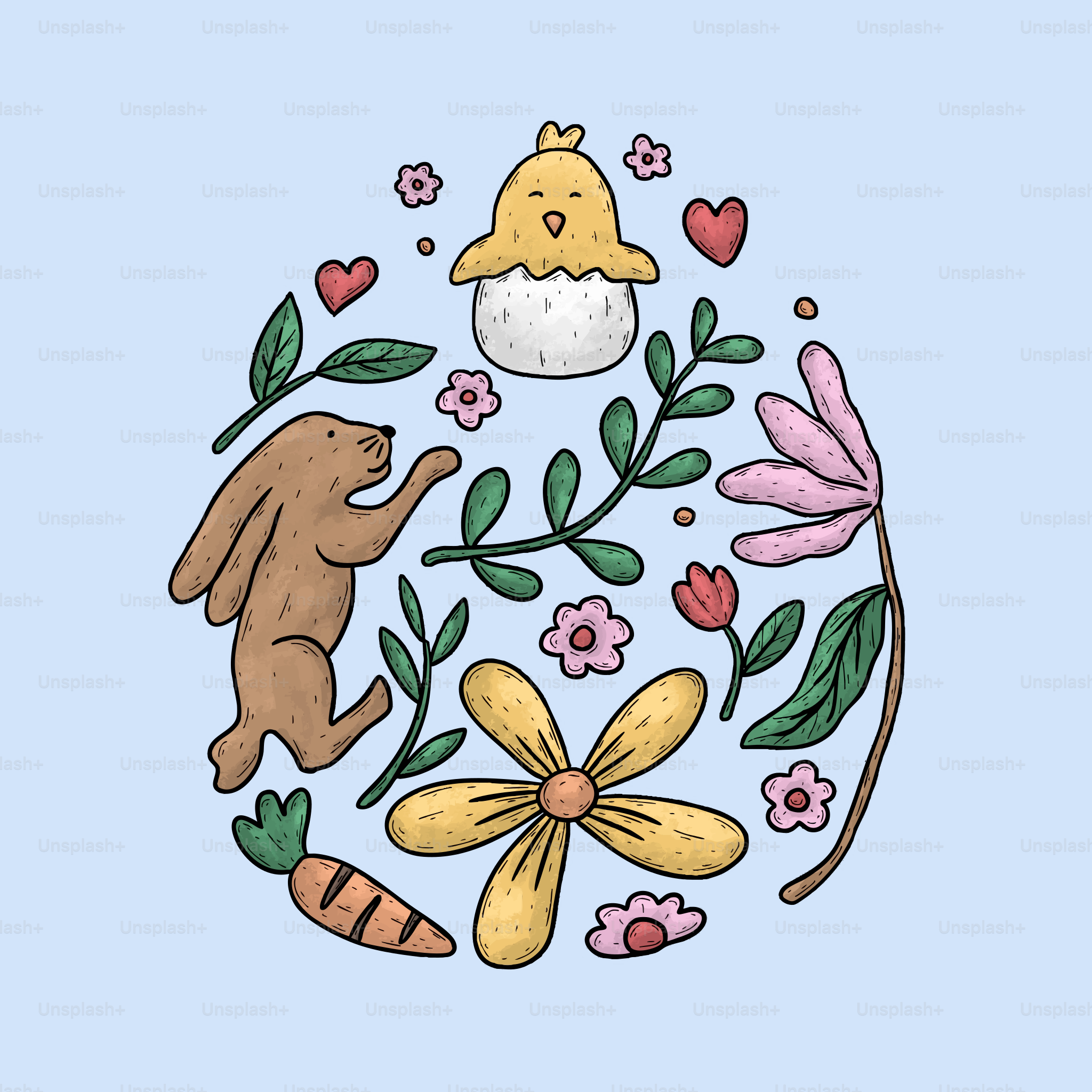 Lapin de Pâques, poussin, fleurs et carotte sur fond bleu