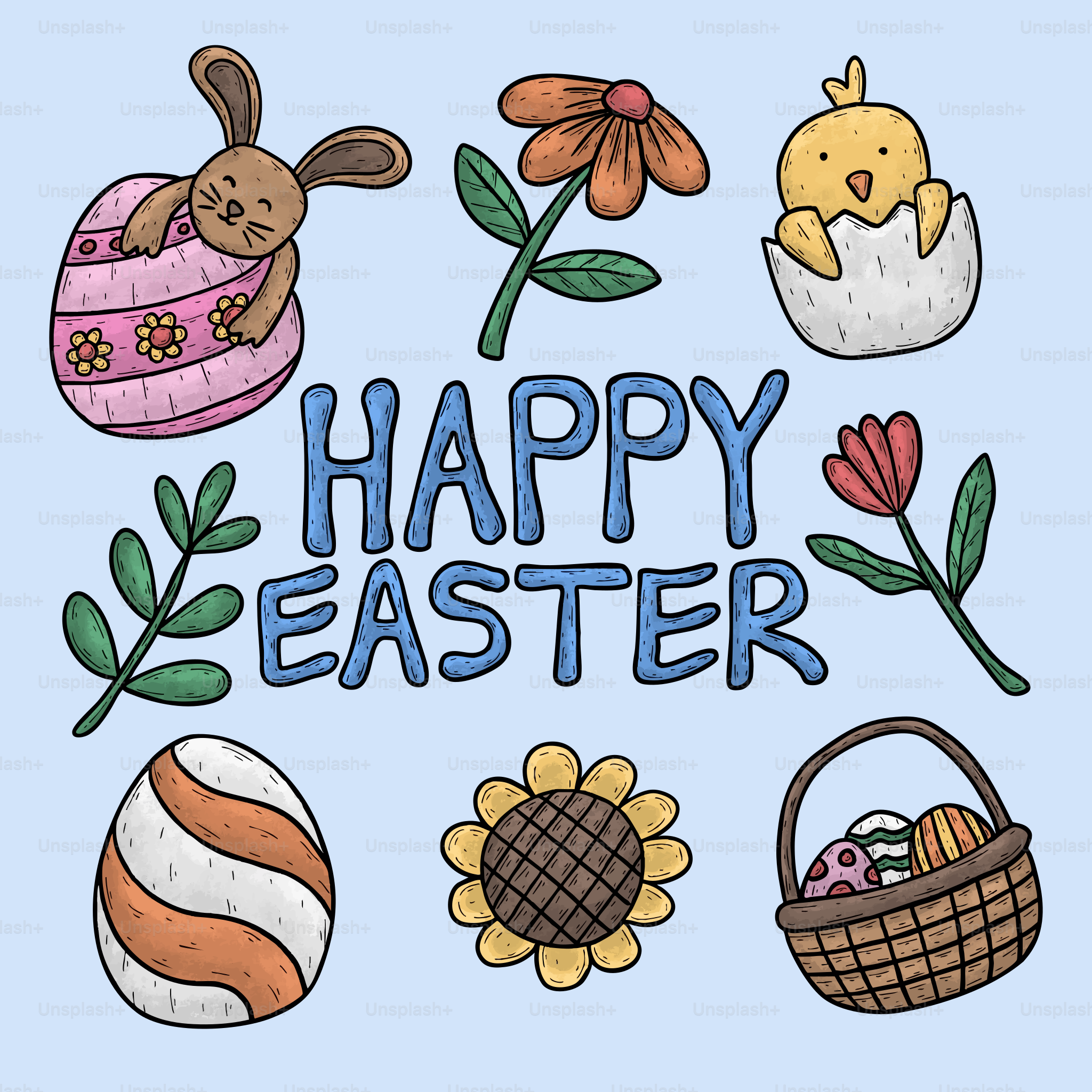 Joyeuses Pâques avec lapin, poussin, œufs et fleurs
