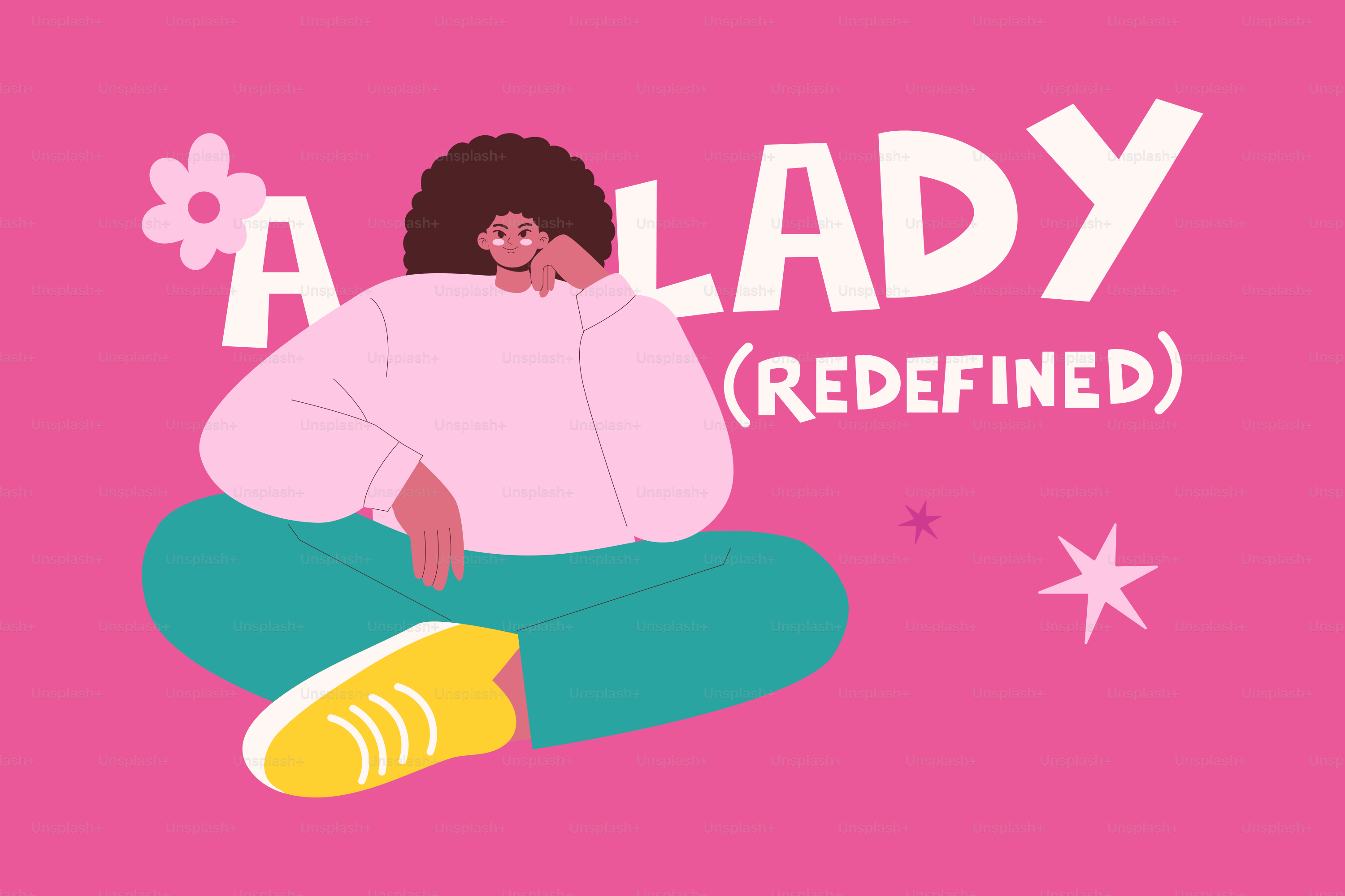 Woman sitting with text "a lady (redefined)"