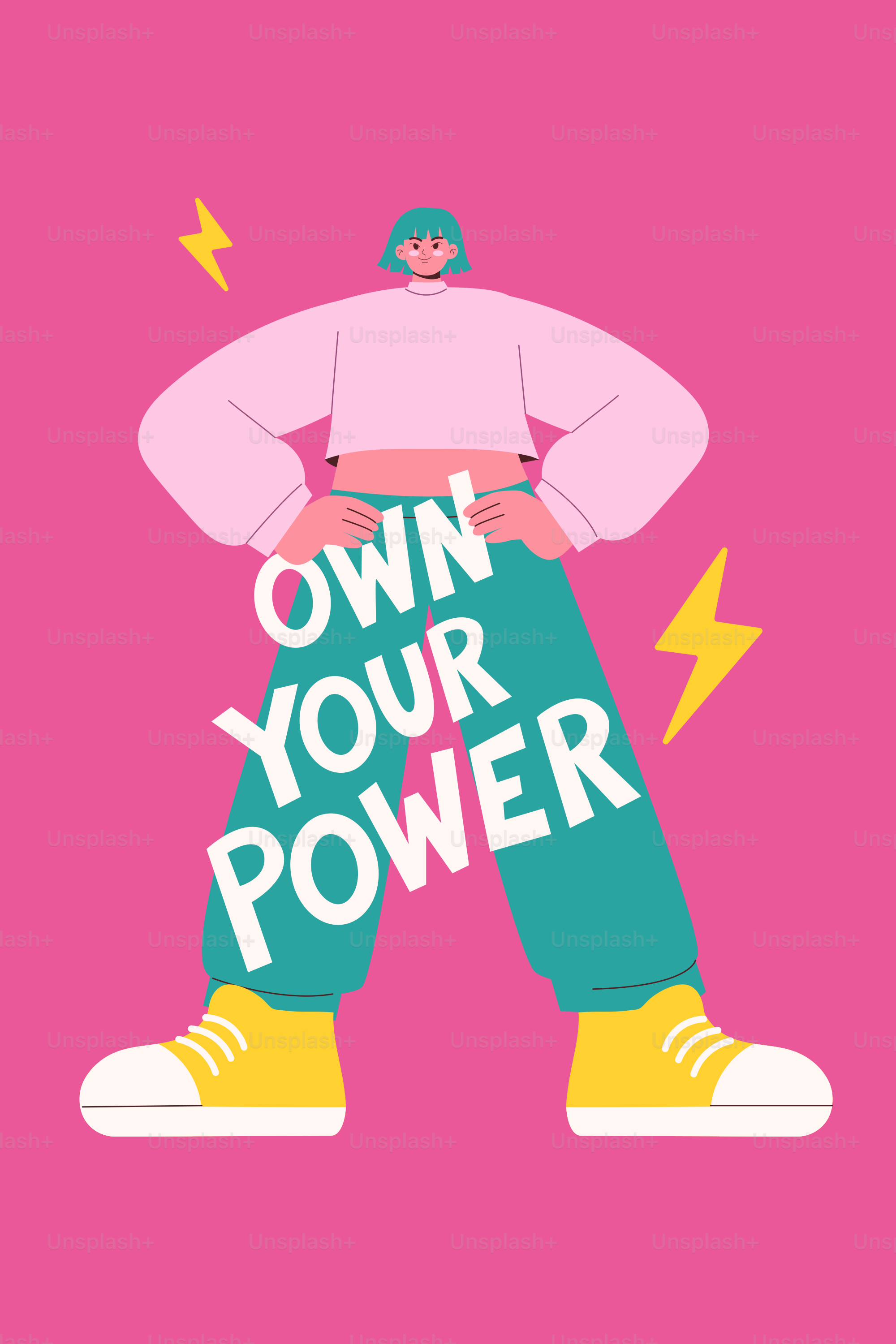 Frau mit dem "Own your Power"-Text auf rosa Hintergrund.