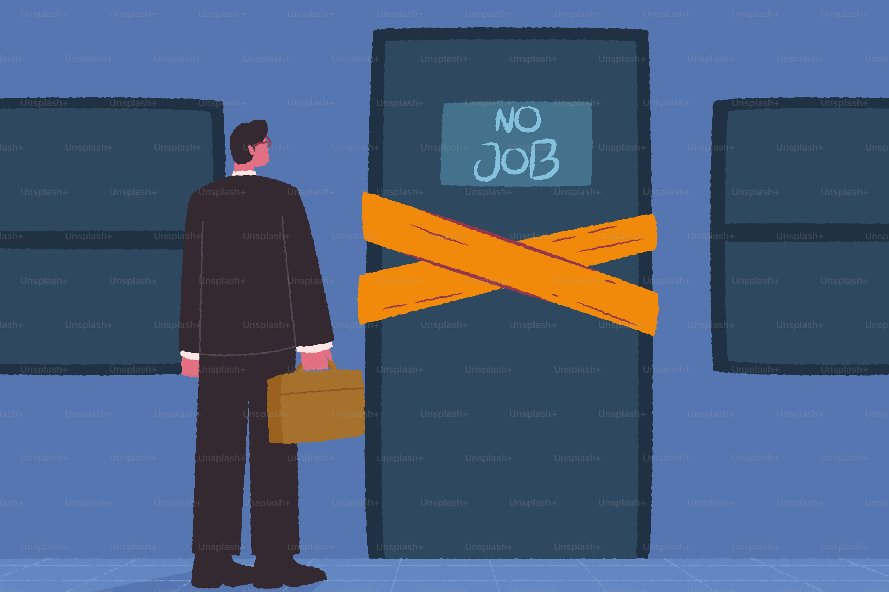 Un hombre está frente a una puerta cerrada con un cartel de "sin trabajo".