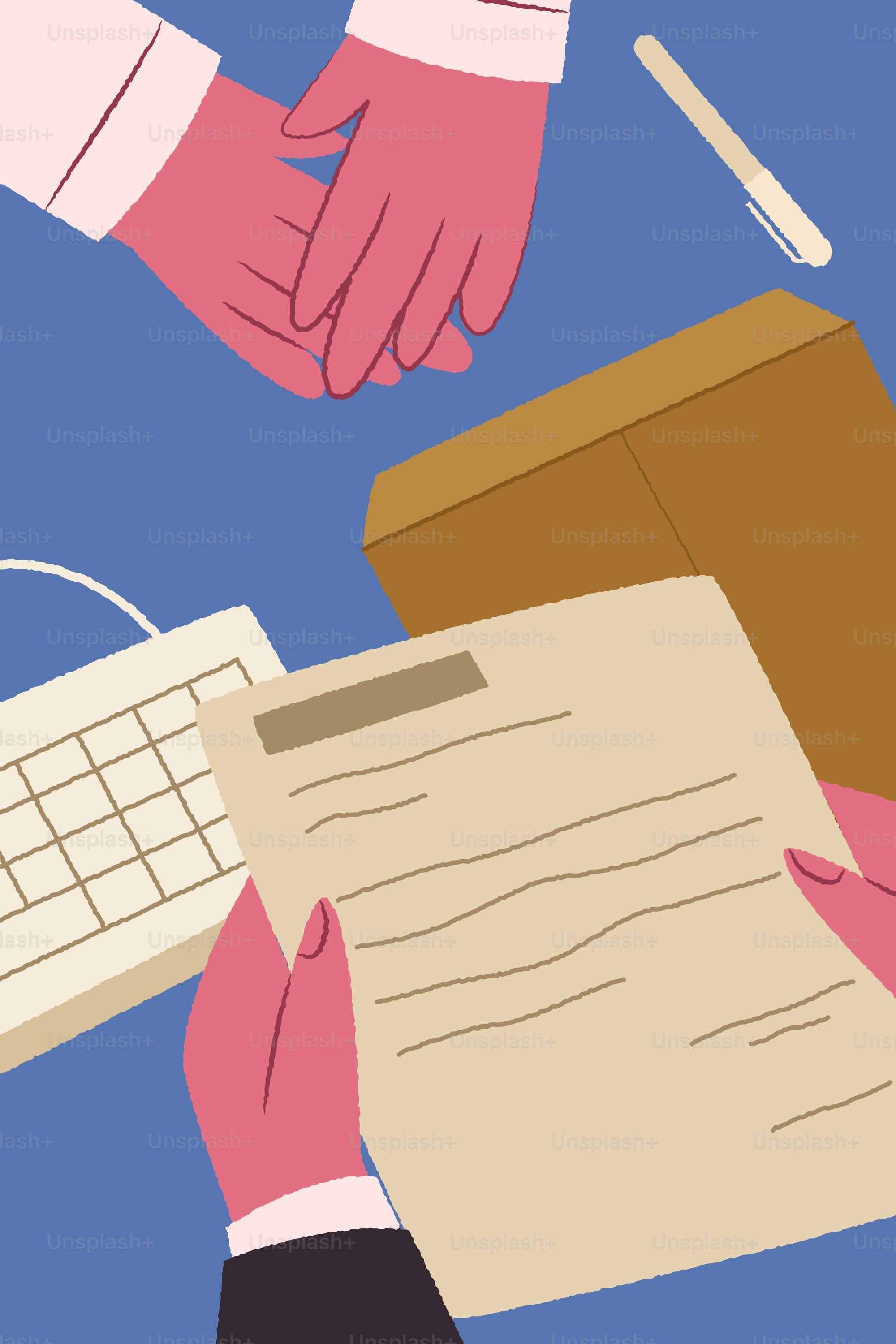 Hands holding document near keyboard and pen