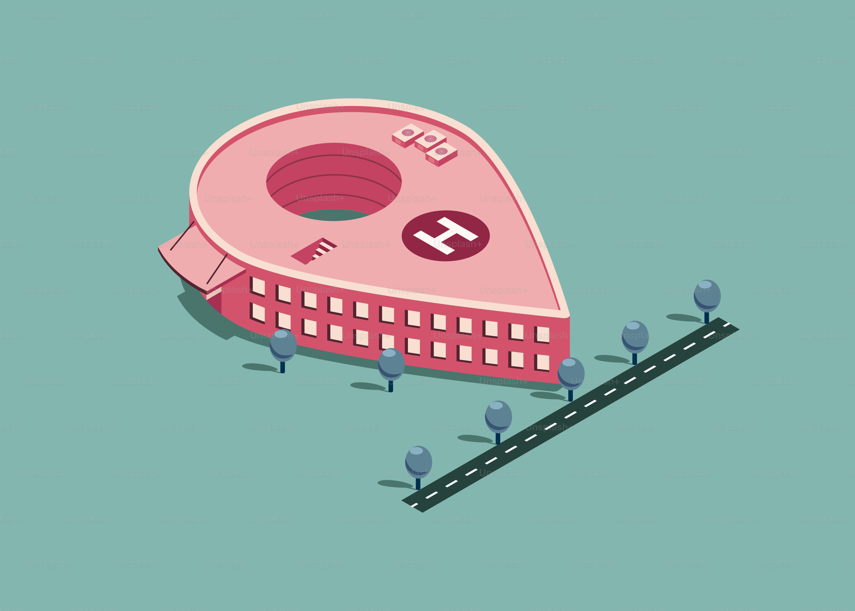 Rosa Gebäude in Form eines Ortspins mit Hubschrauberlandeplatz.