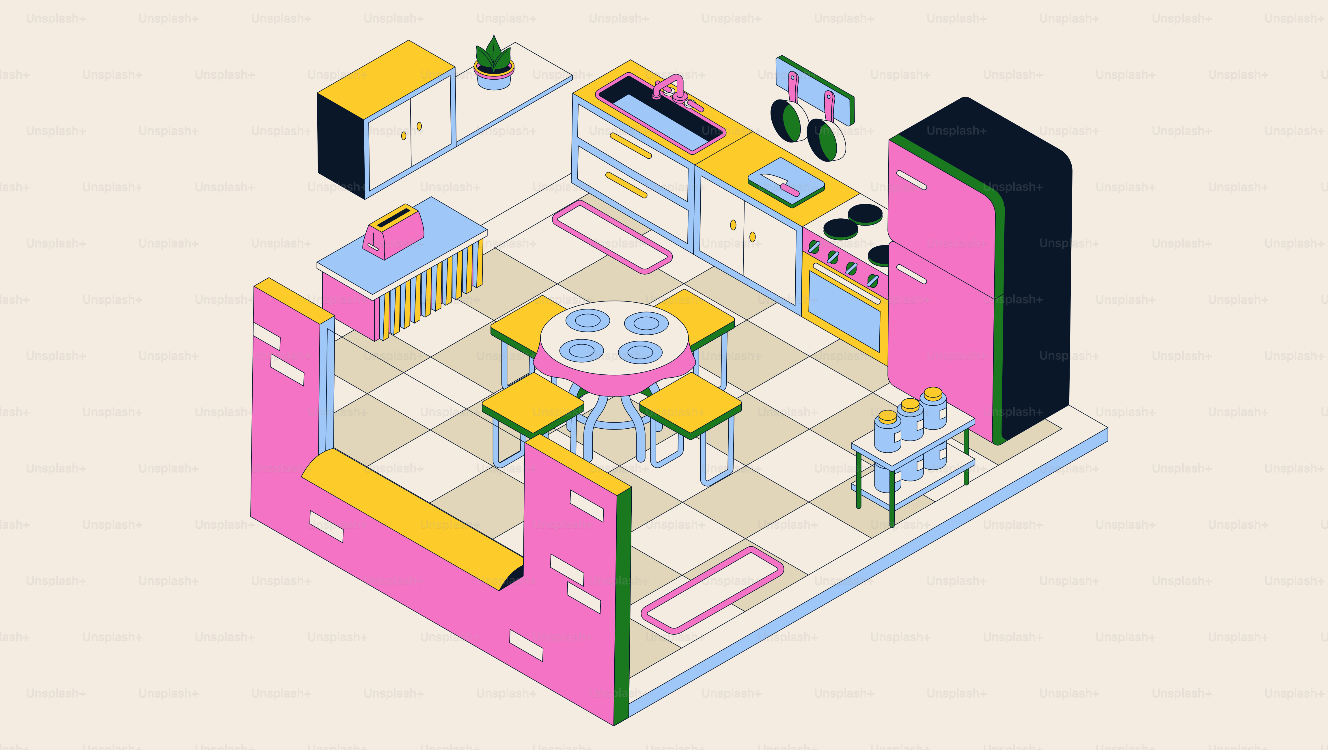 Cocina isométrica moderna con detalles en rosa y amarillo