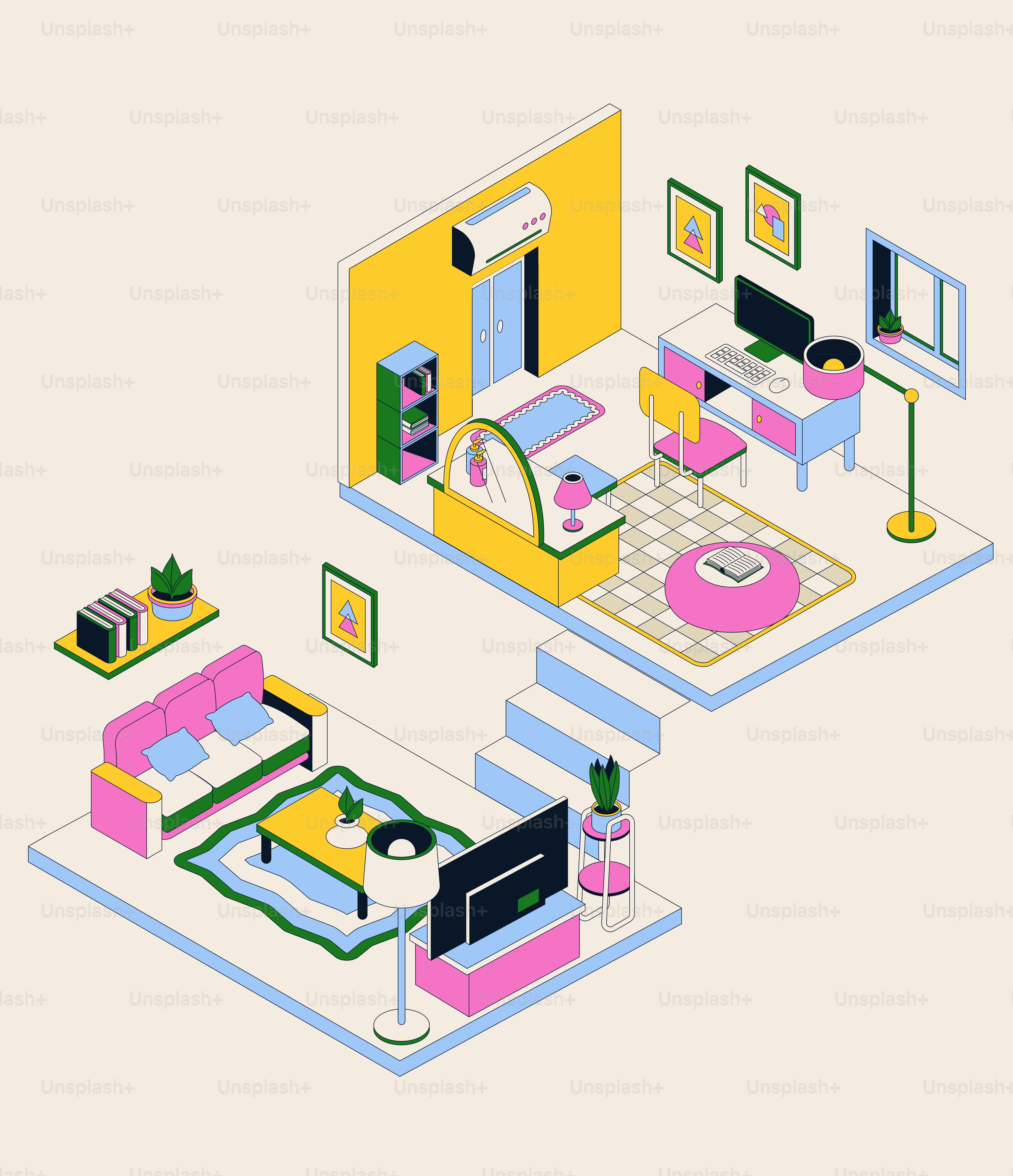 Colorful isometric living room and study area