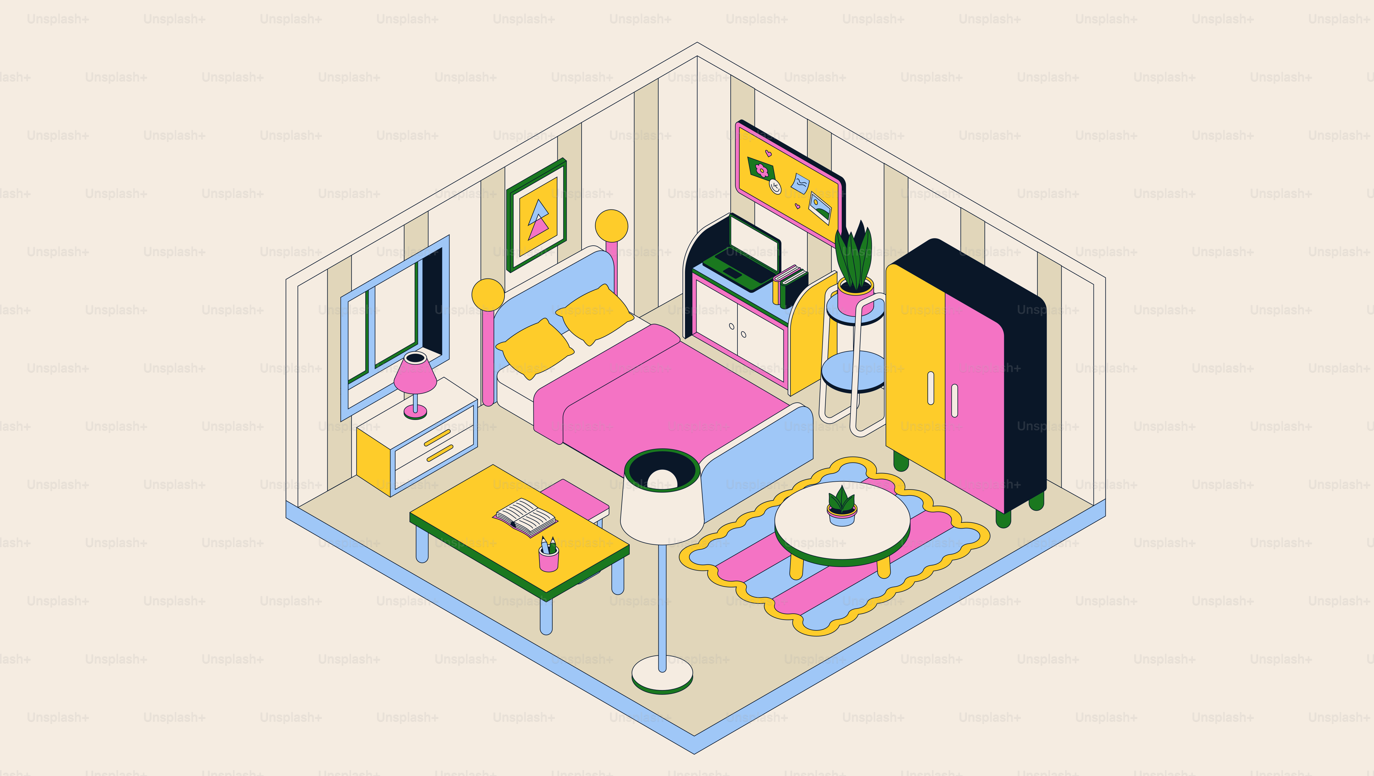 Cozy isometric bedroom with pink and blue accents.