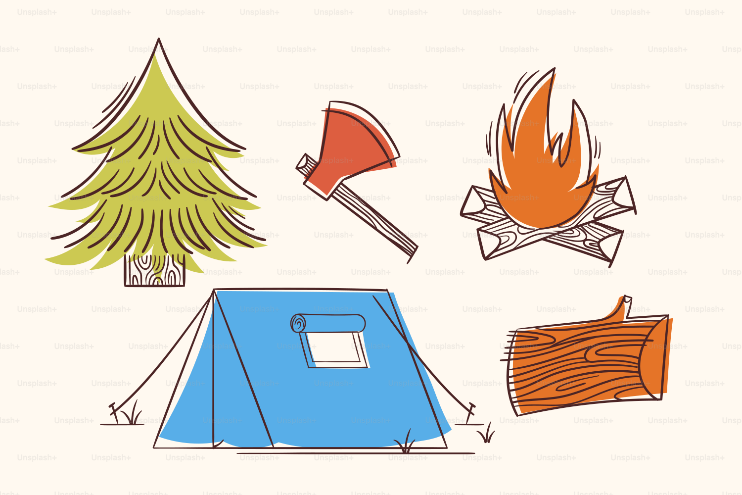 テント、斧、焚き火、木などのキャンプ用品。