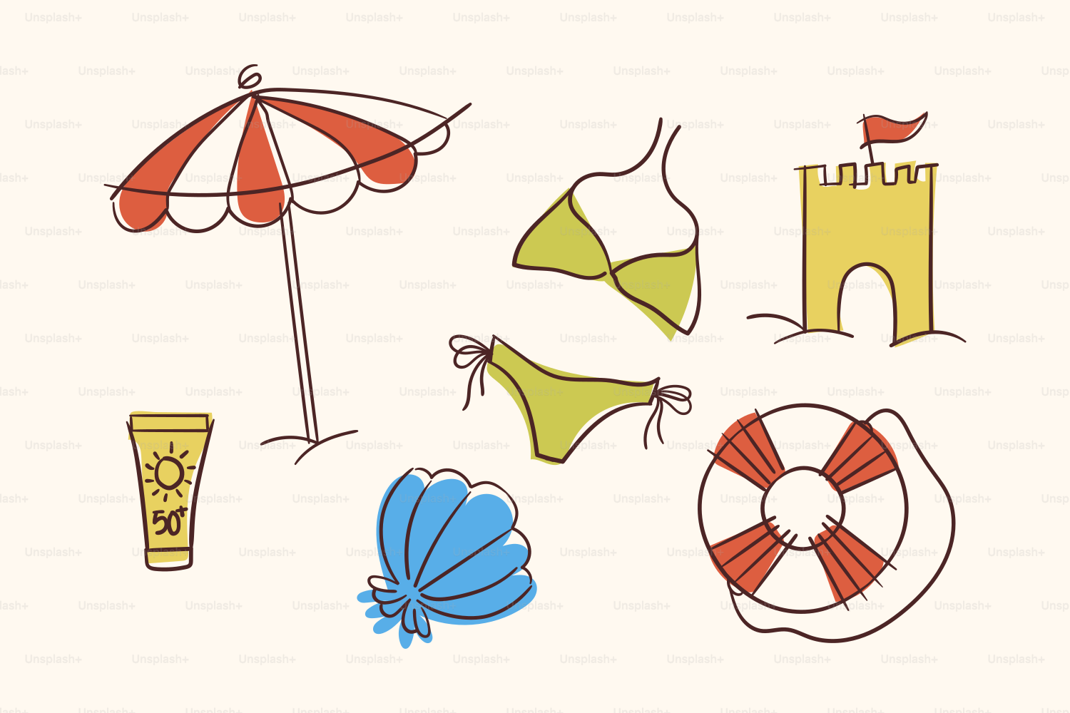 ビーチのバケーションアイコン:傘、ビキニ、日焼け止め、砂の城、貝殻、ライフブイ