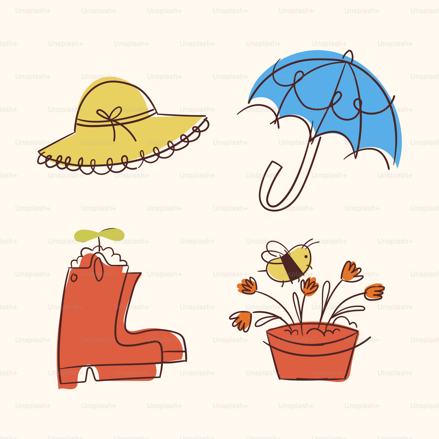 春の象徴:帽子、傘、ブーツ、そして蜂と蜂。