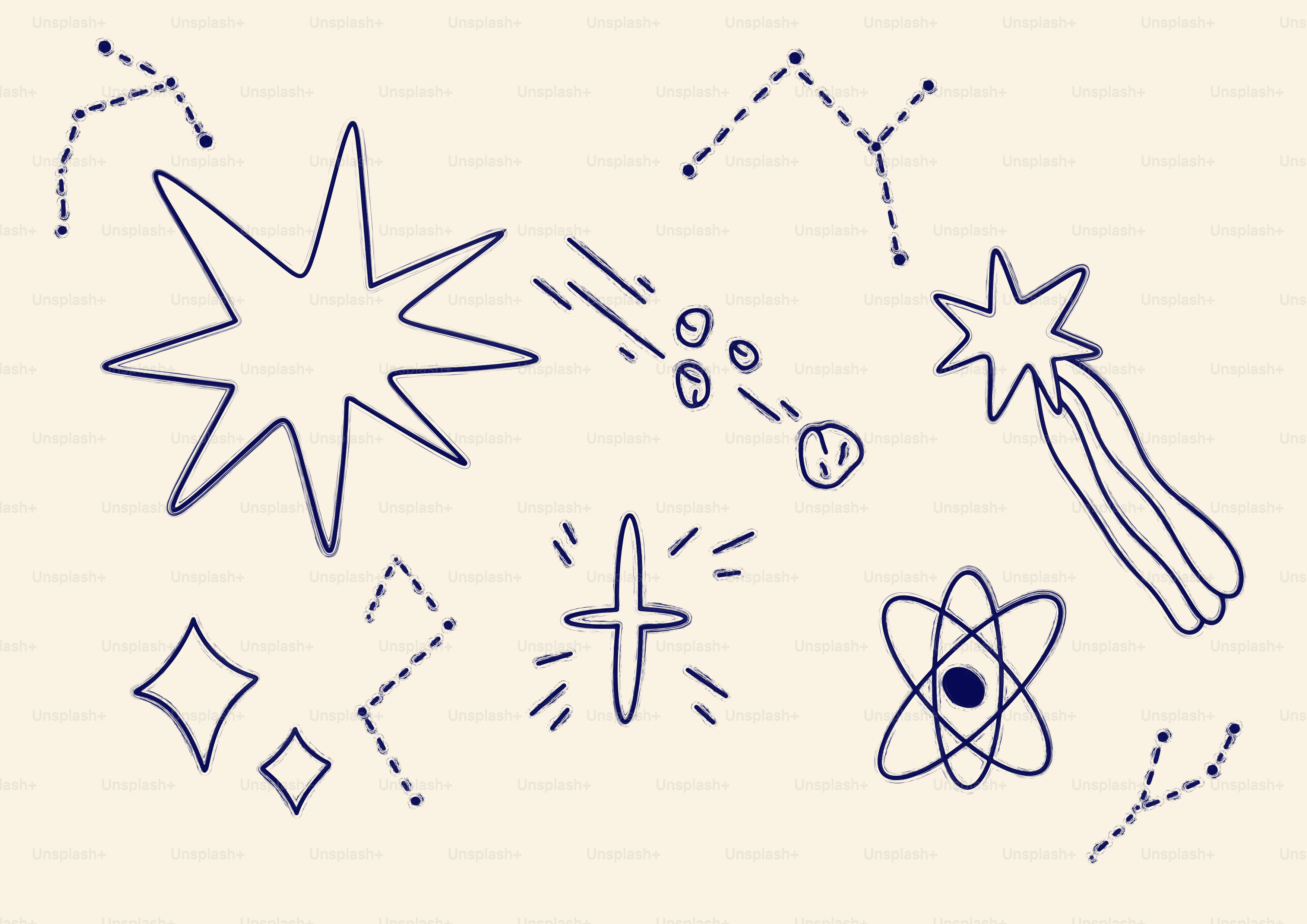 Hand-drawn celestial objects and constellations on a cream background ...