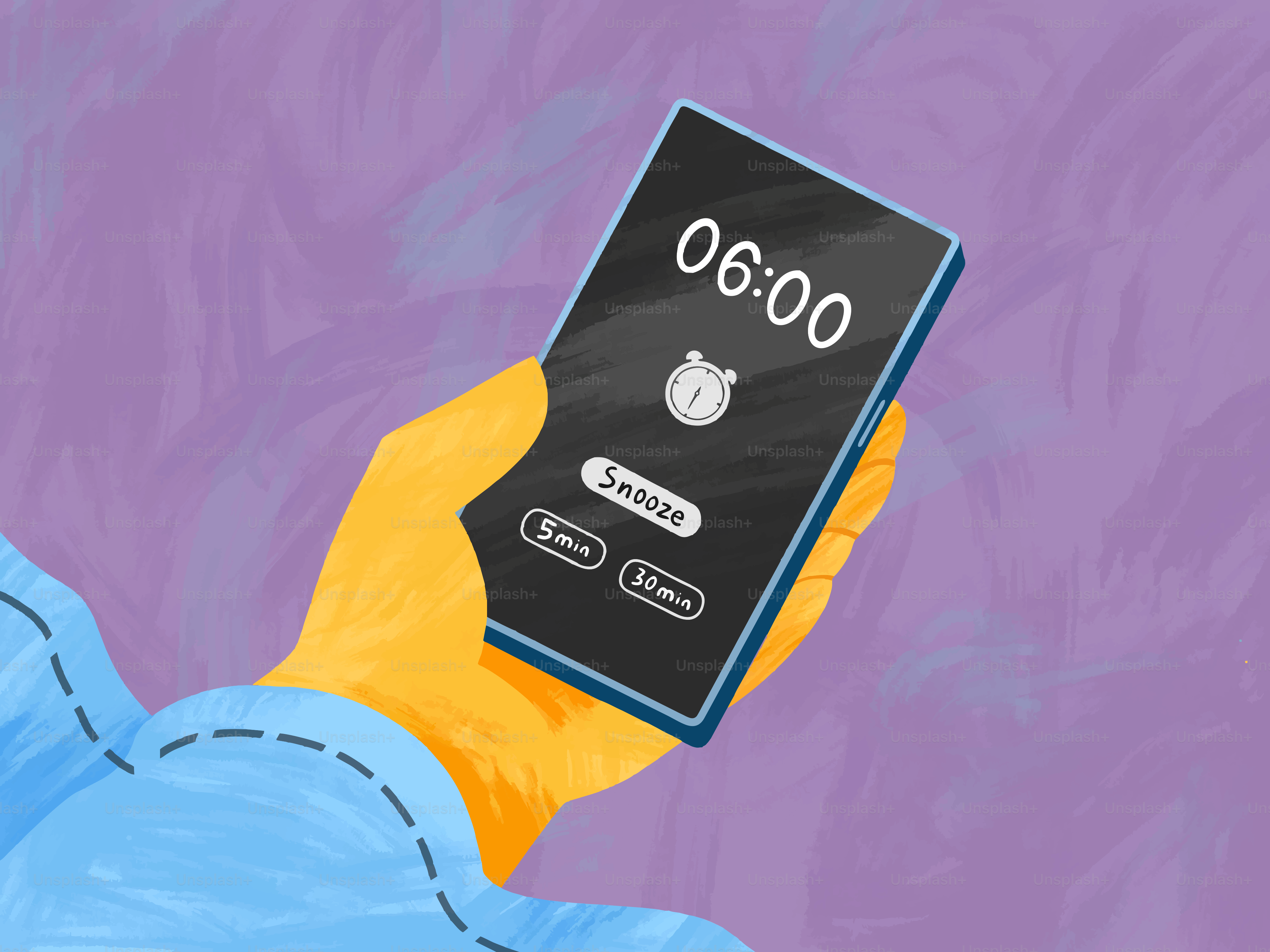 Hand holding smartphone displaying alarm clock