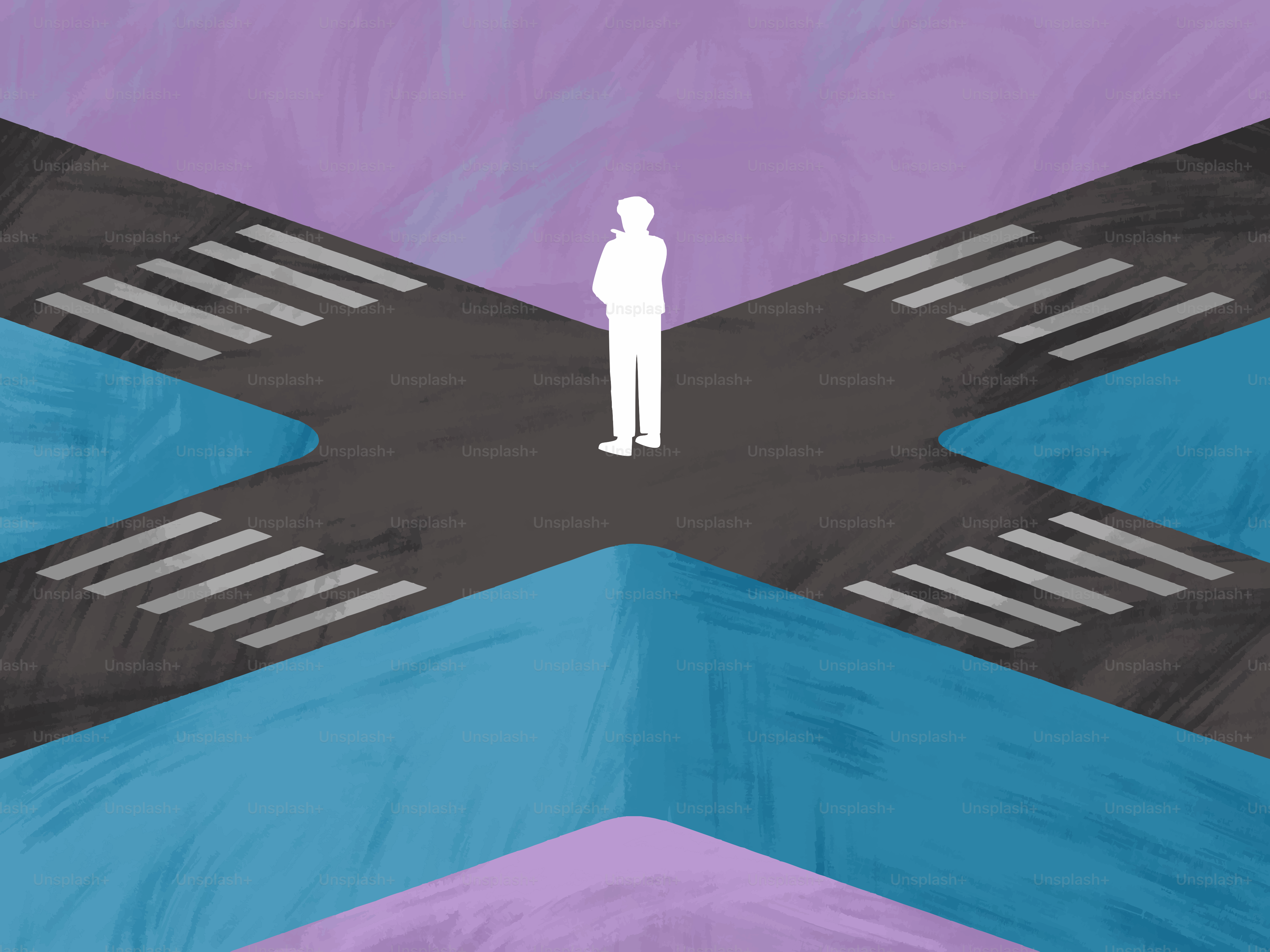 A person stands at a crossroads with a purple background.