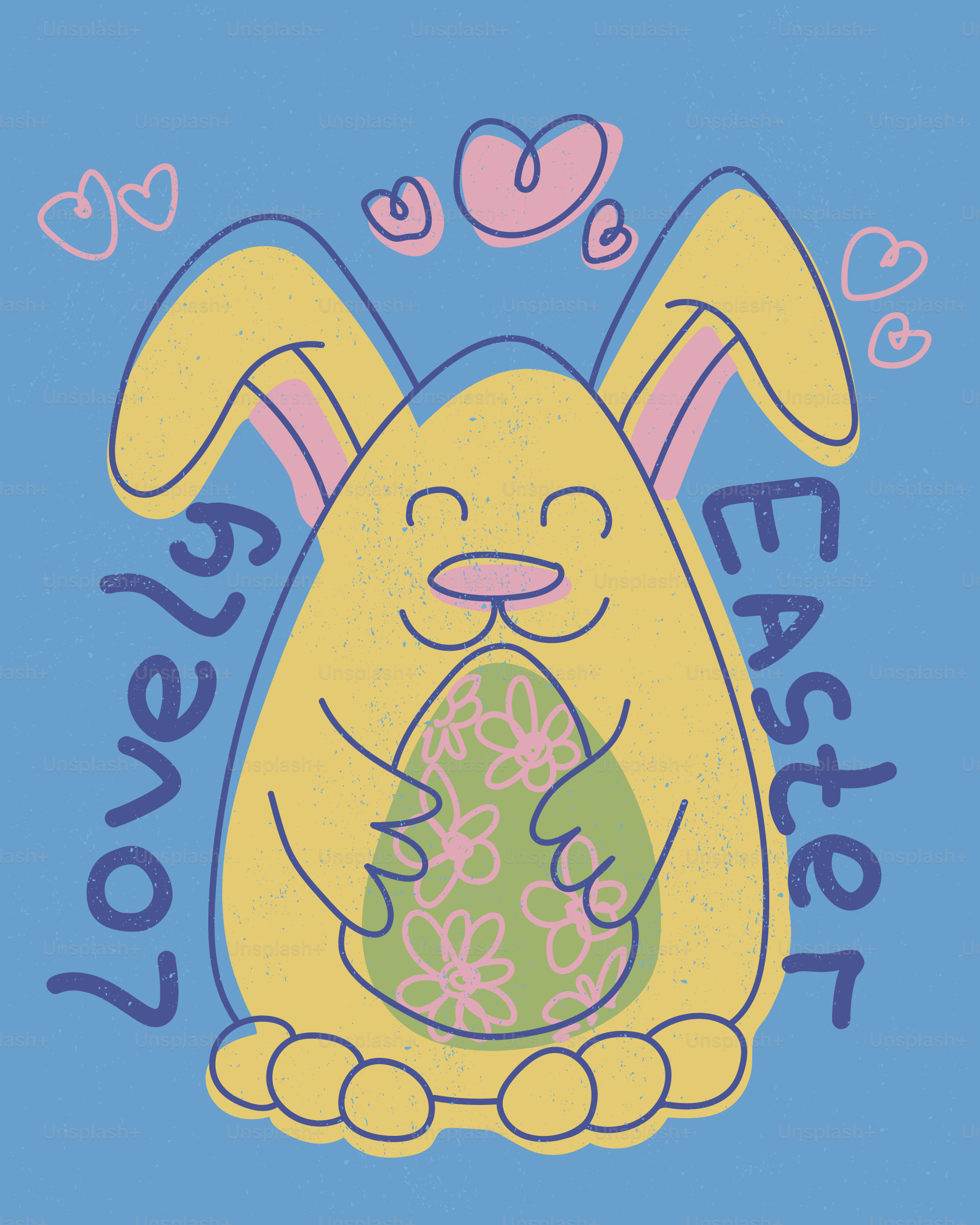 Yellow easter bunny holding a decorated egg.
