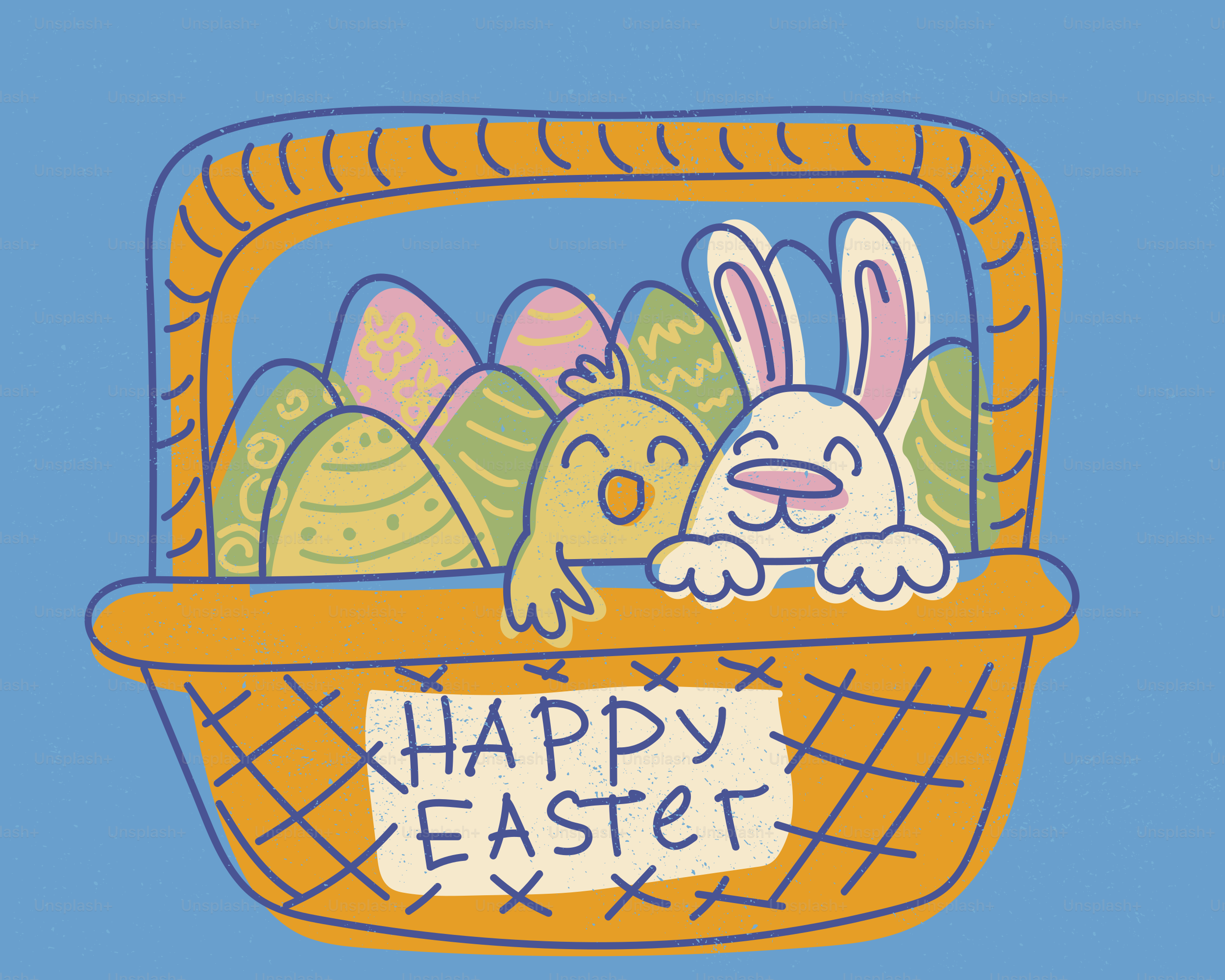 Easter basket with bunny, chick, and decorated eggs