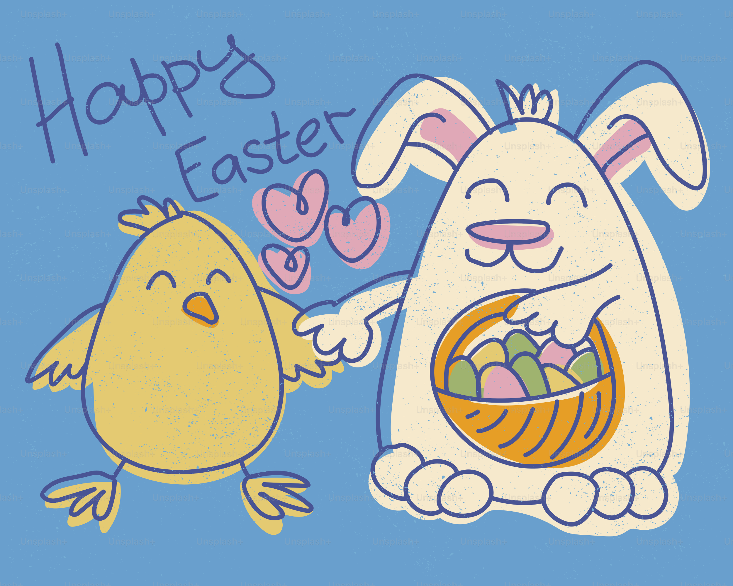 A cute cartoon chick and bunny with easter eggs.