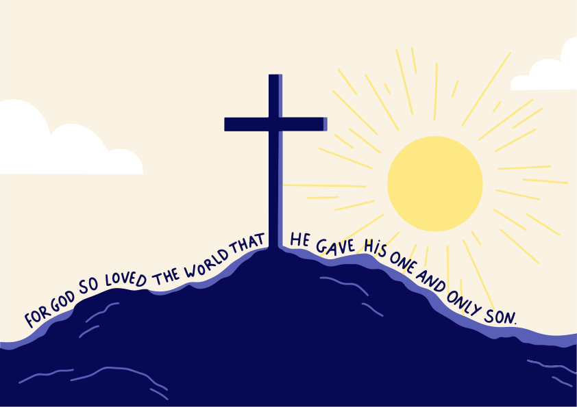 Uma cruz em uma colina com o sol brilhando