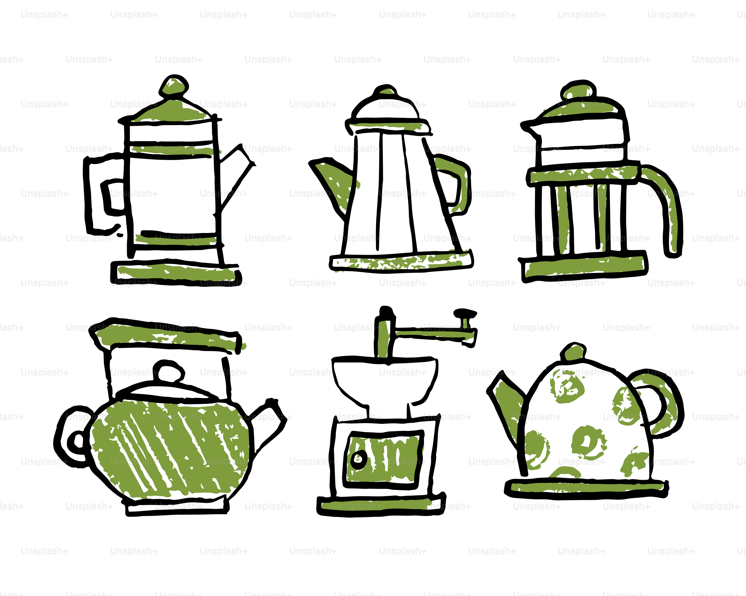 Six green kitchen utensils on a white background