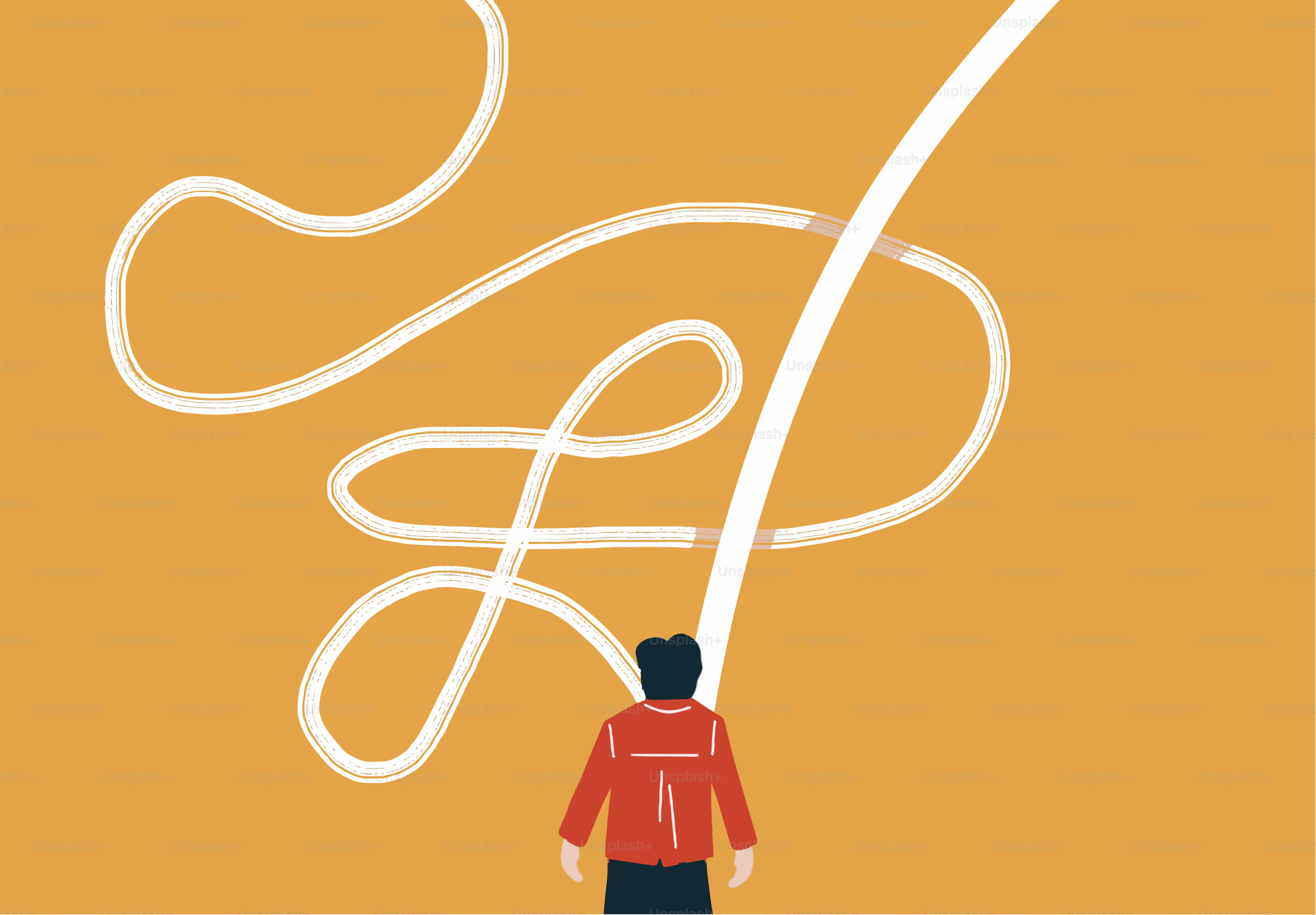 オレンジの背景に絡まった白い線を見つめる男性