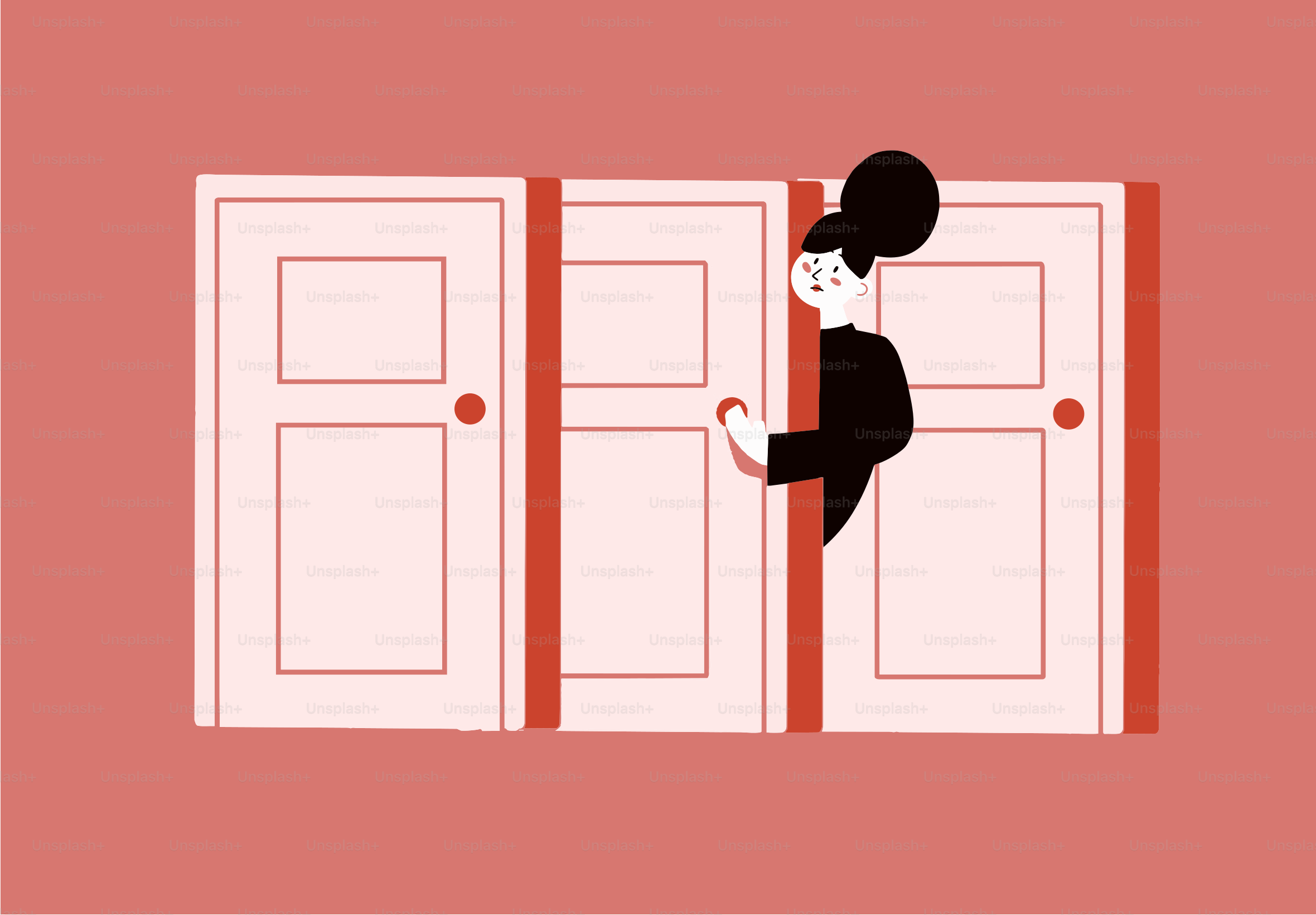 Mujer asomándose por una puerta en un pasillo.