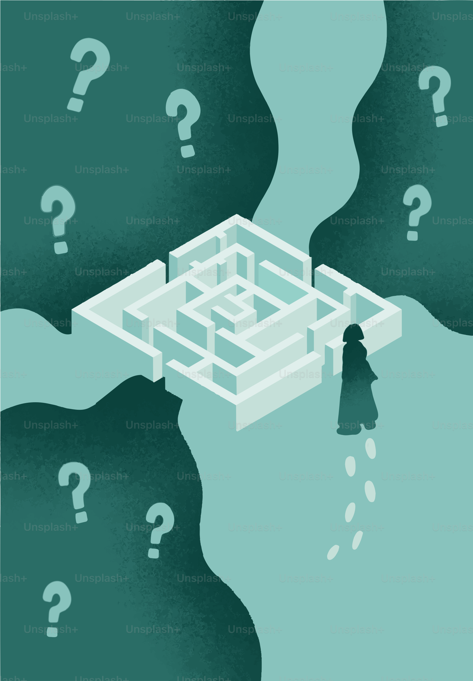 La personne se tient devant un labyrinthe avec des points d’interrogation.