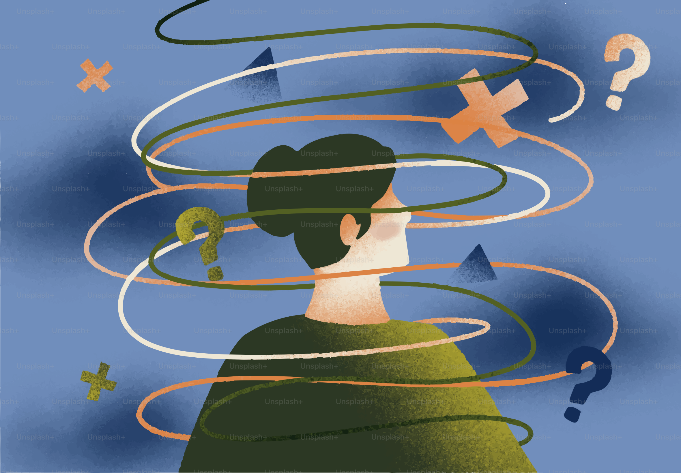 渦巻く線と記号に囲まれた人物。