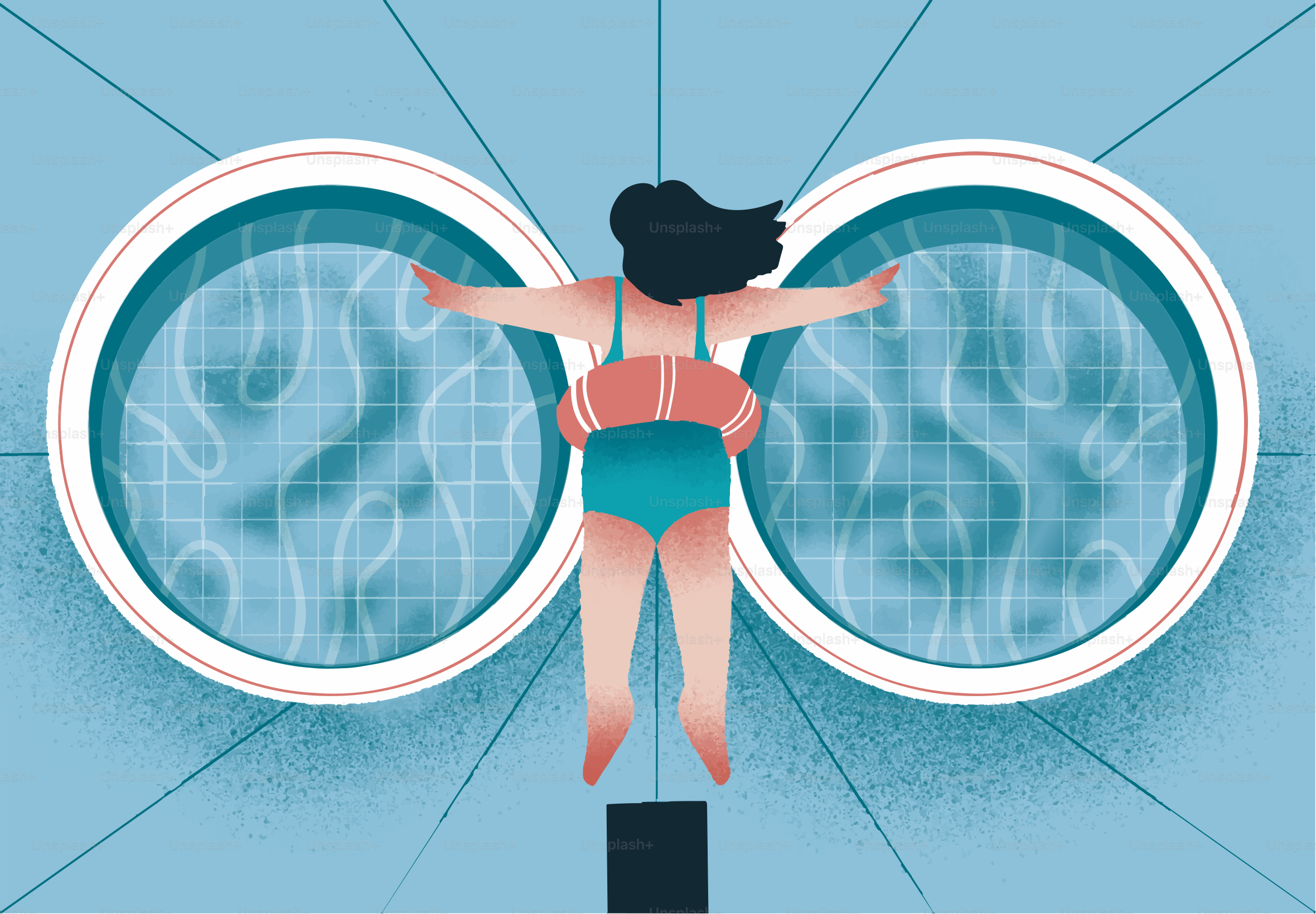 インフレータブルリングを持つ女性がインフィニティプールに飛び込む