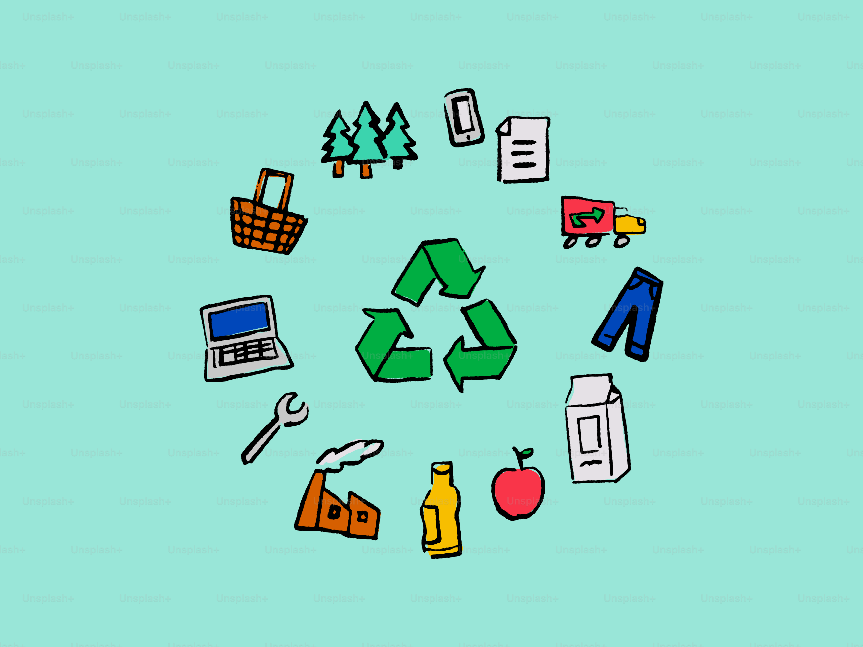 Reciclando símbolos com vários itens dispostos em círculo.
