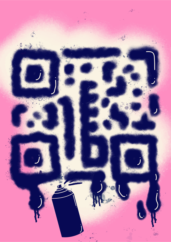 Codice QR verniciato con spruzzo su sfondo rosa