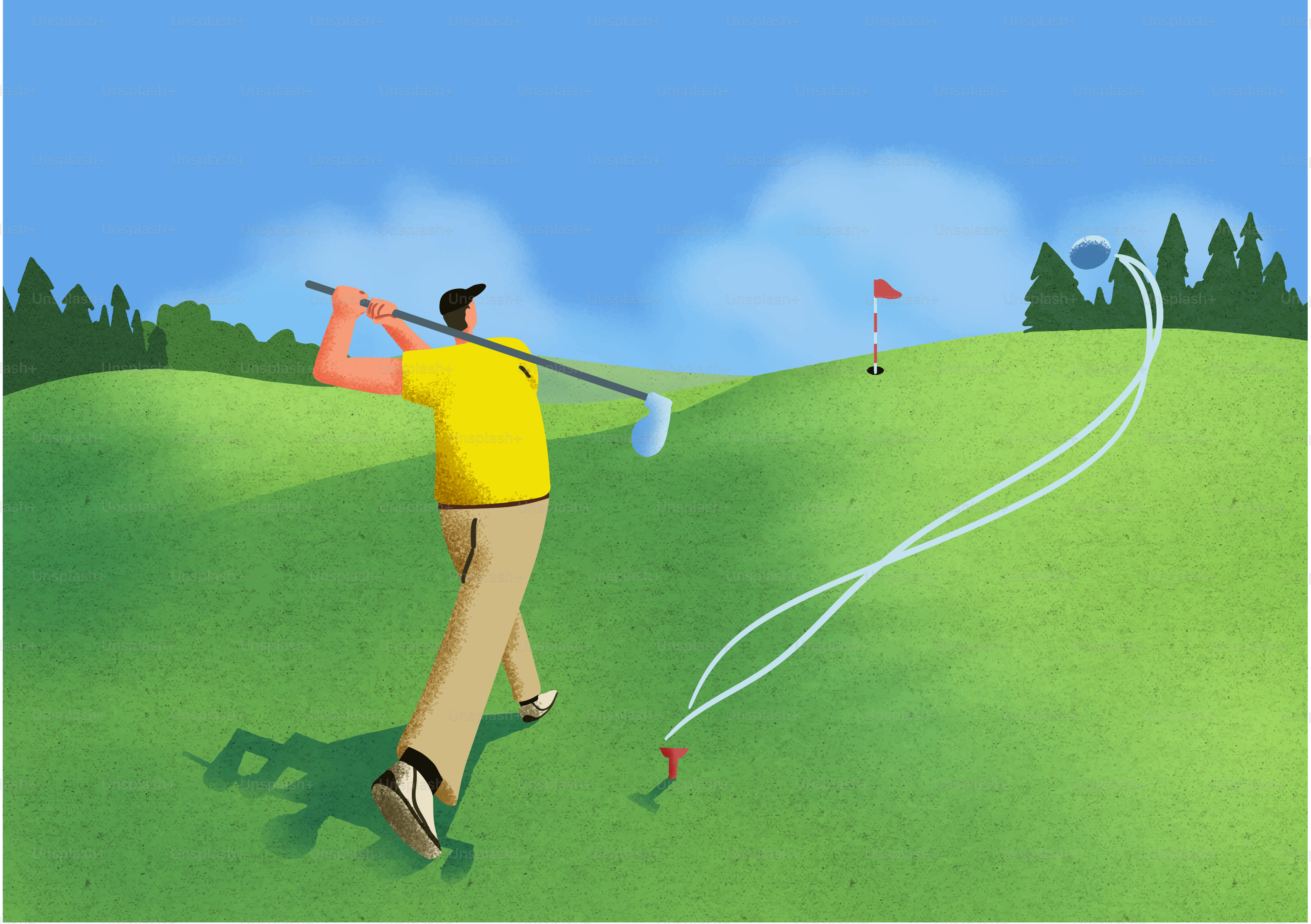 Golfer swings club on a green course