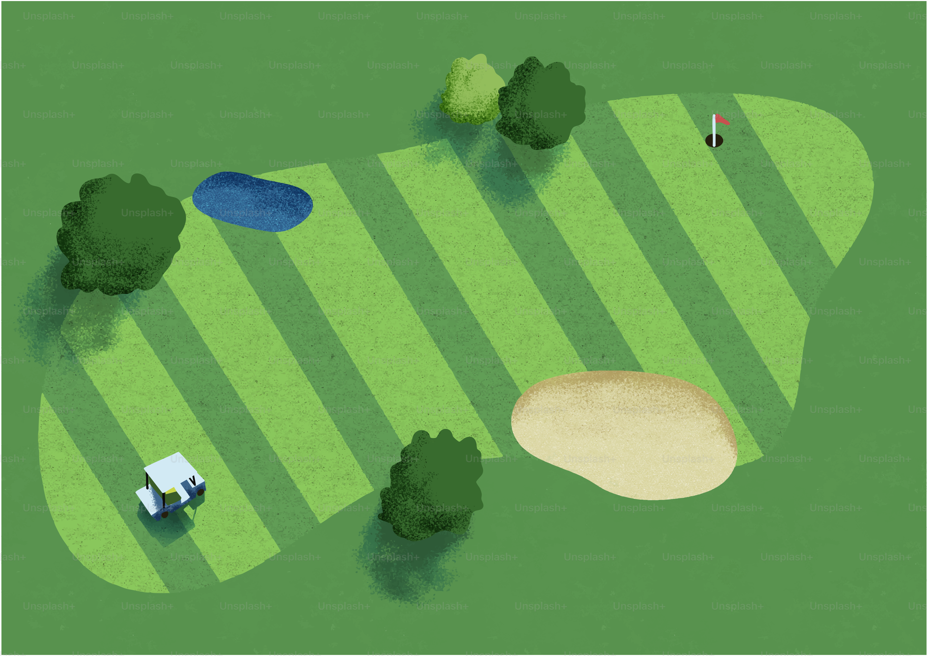 Aerial view of a golf course with a cart.