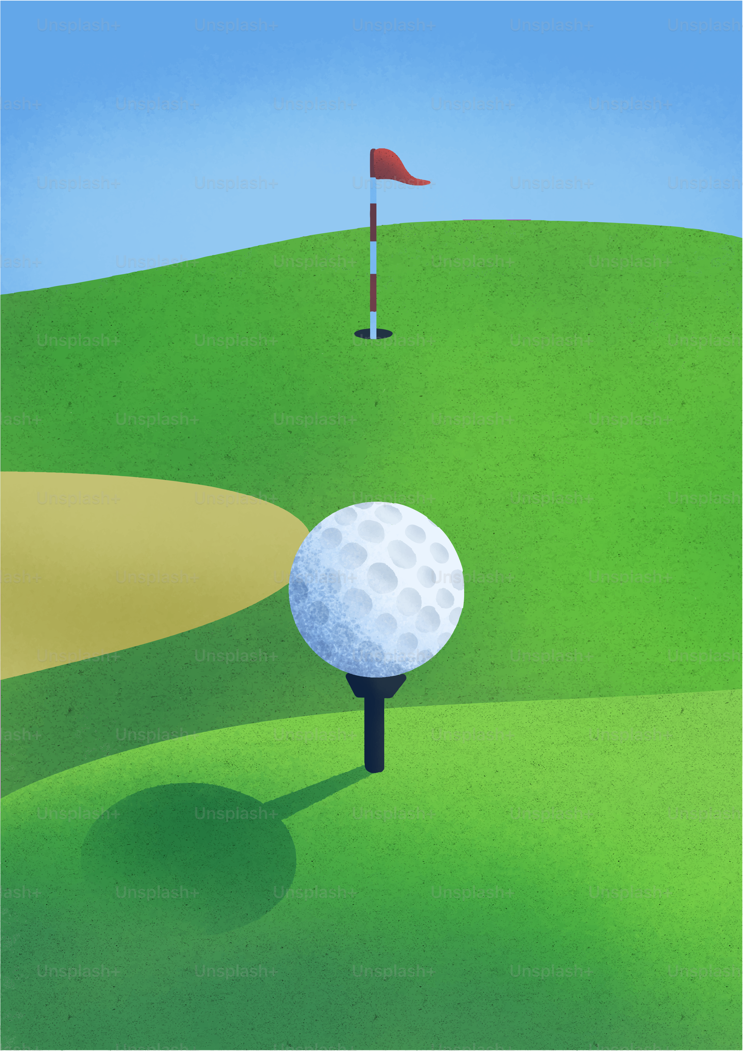 Golf ball on tee with flag and hole on course.