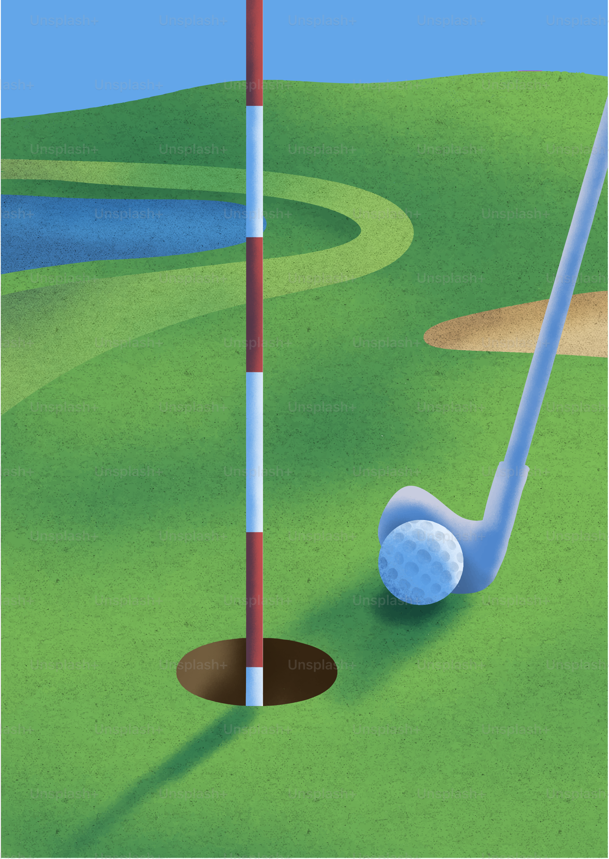 Golfschläger und Ball nahe dem Loch auf dem Grün