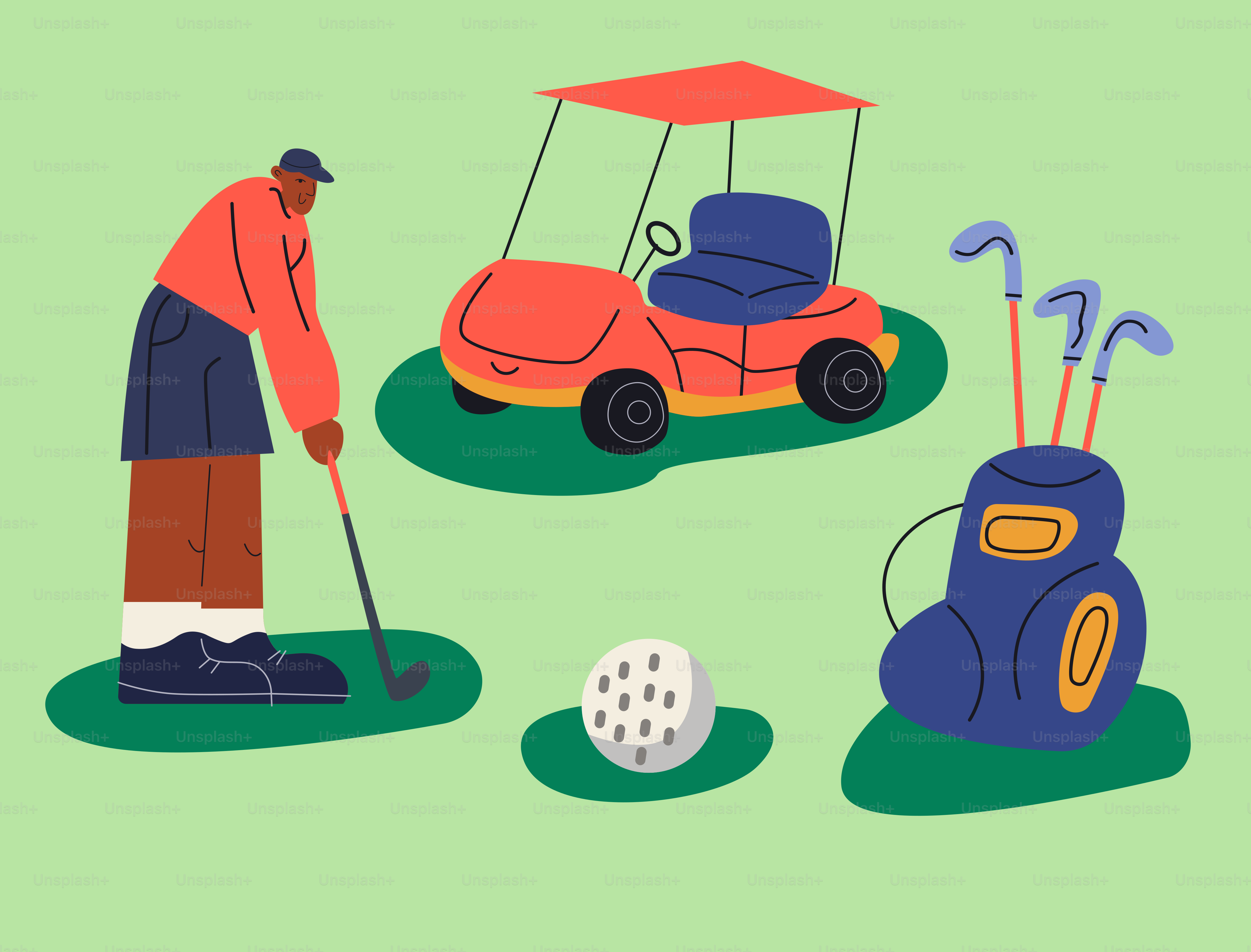 ゴルファーがカート、ボール、バッグの近くでクラブを振る。