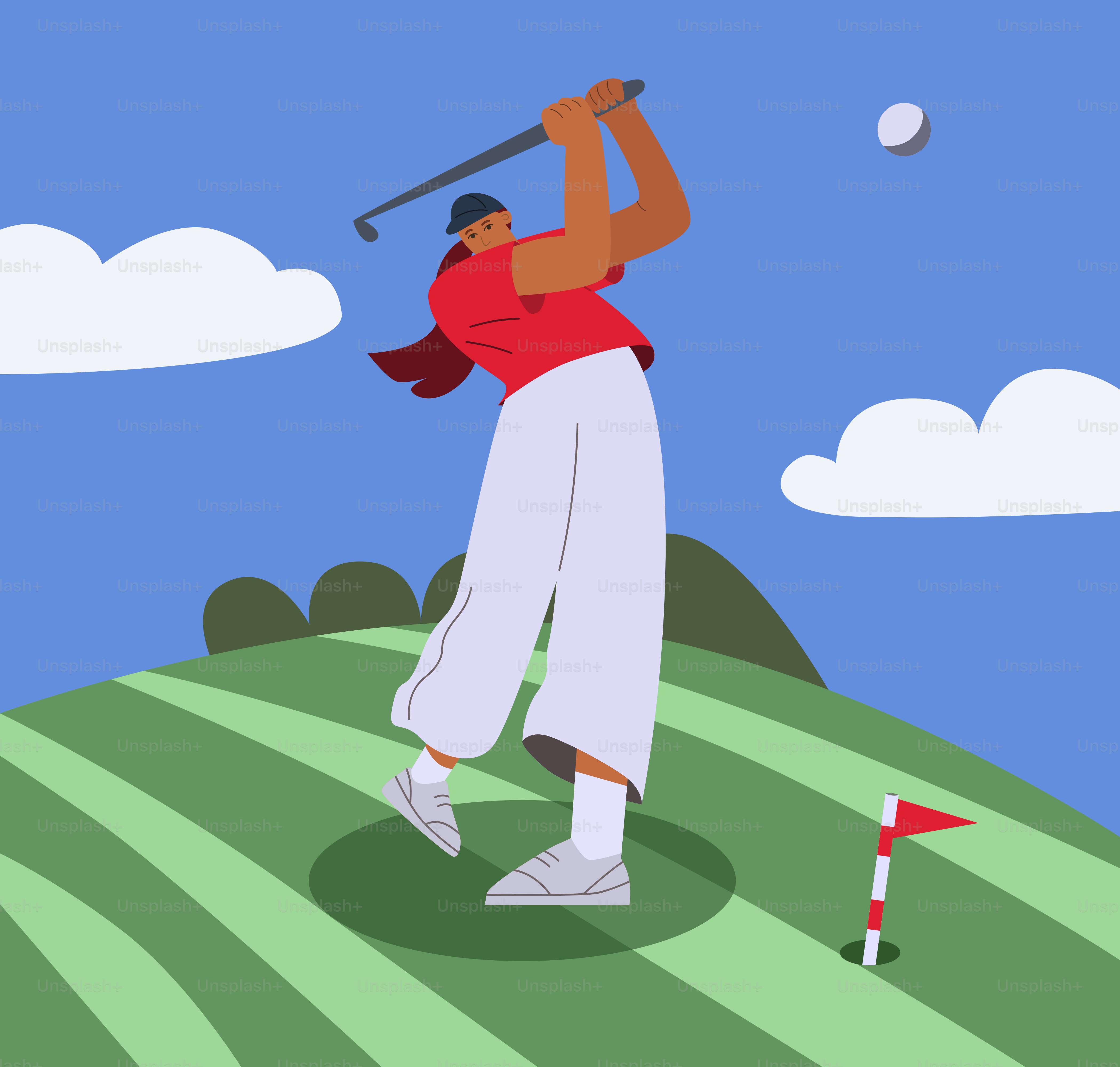 Woman swinging golf club on a green hill