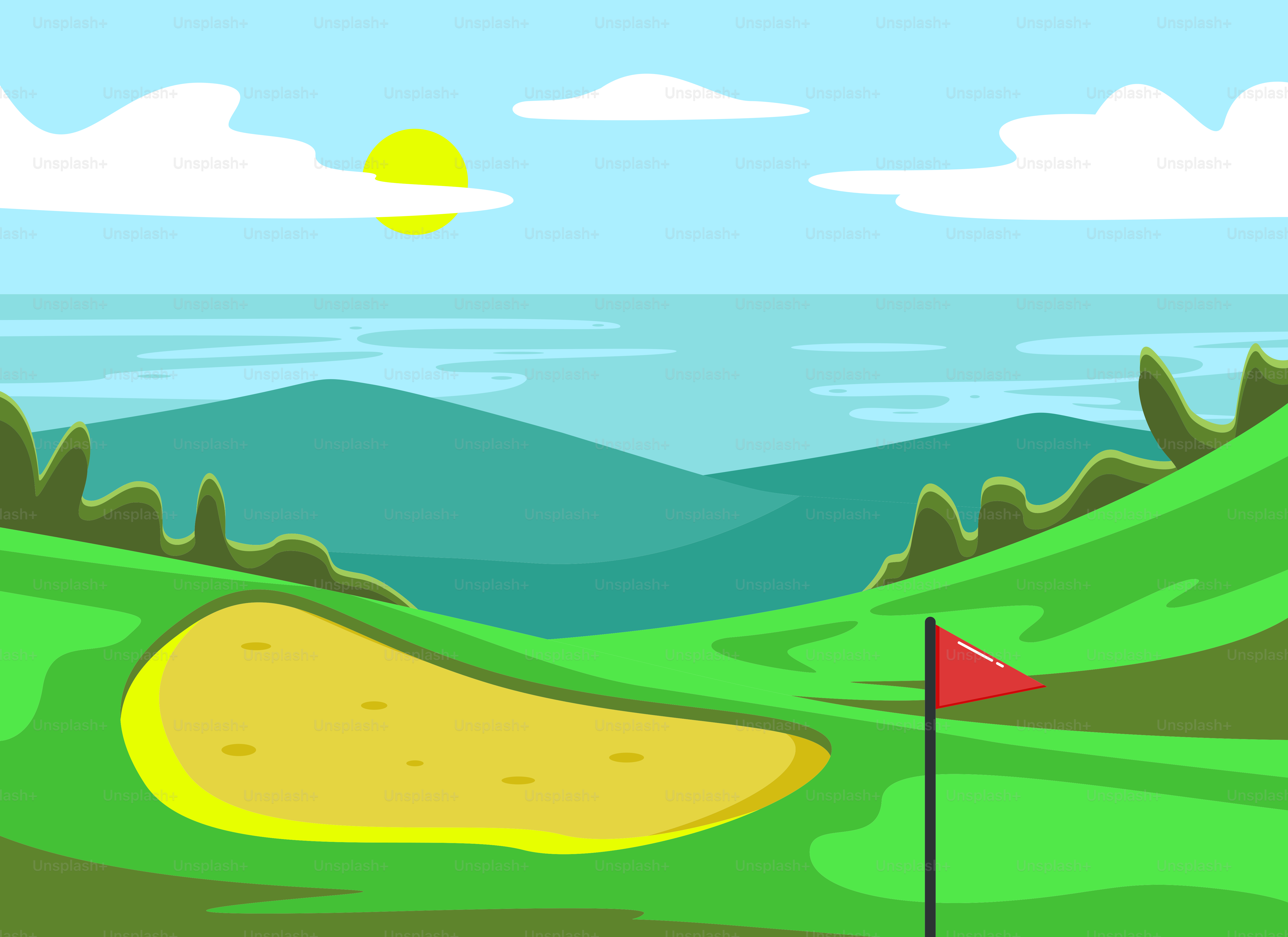 Golf course with sand trap and flag under sunny skies