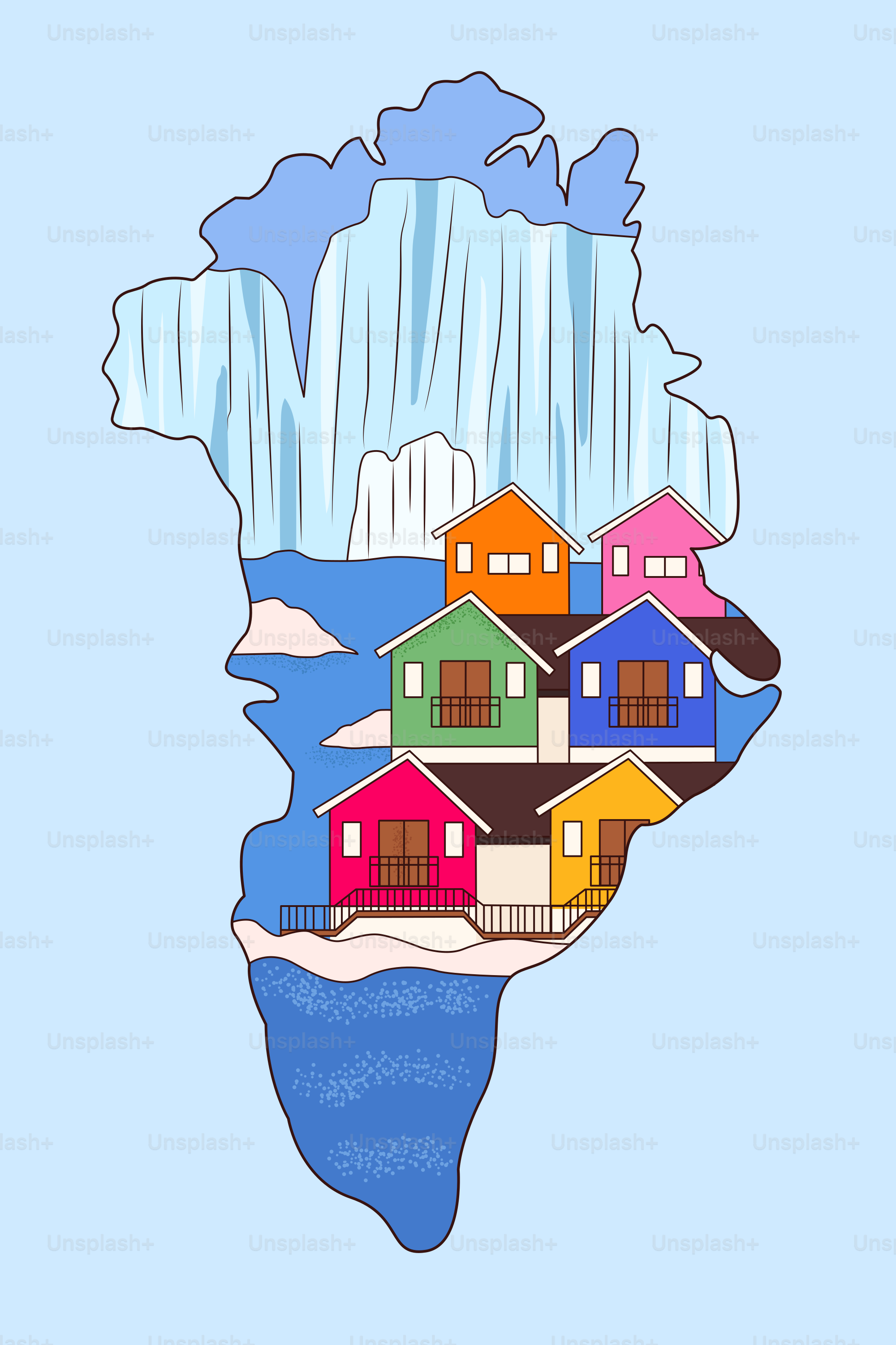 Colorful houses on an icy landscape within greenland's shape