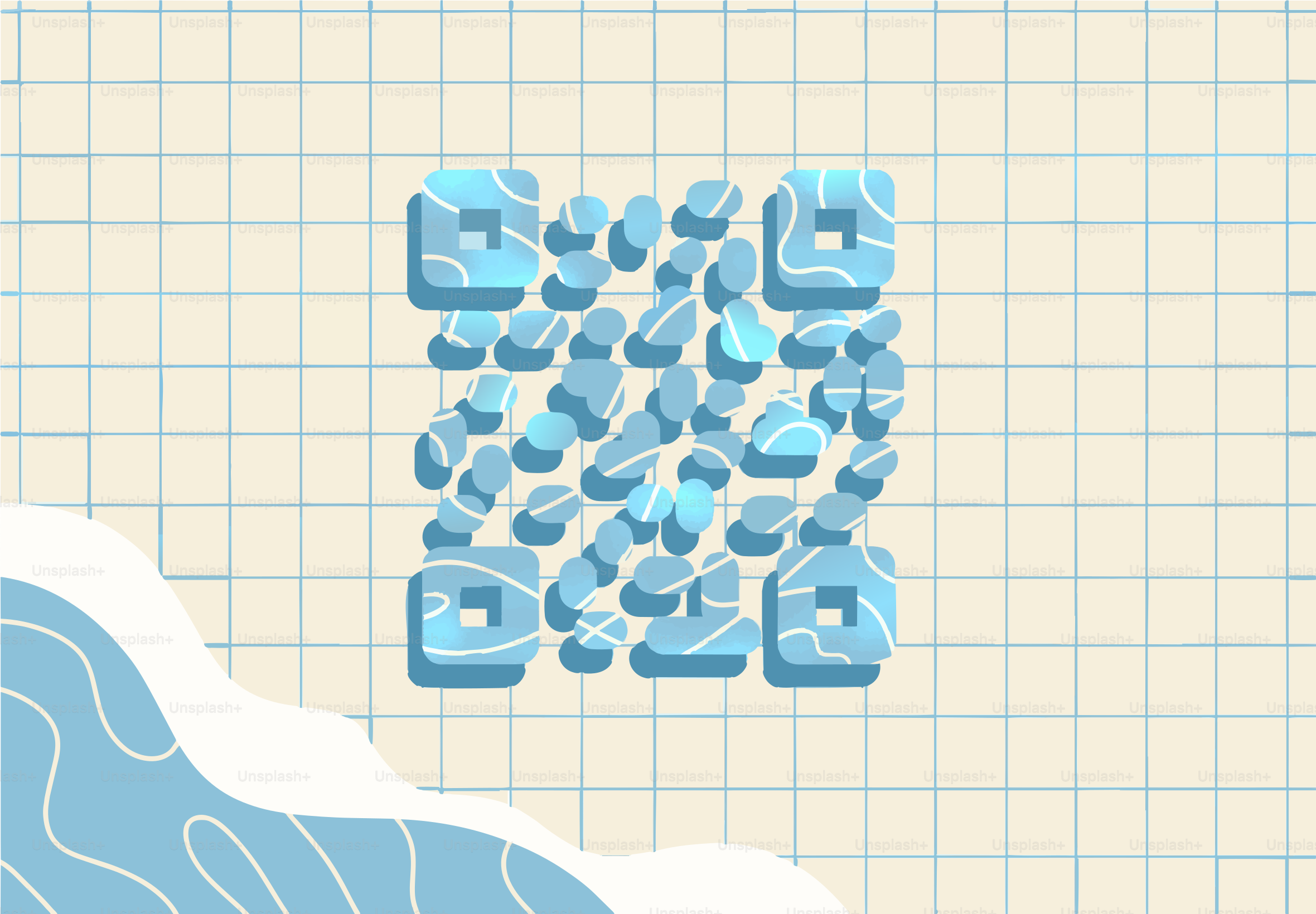 Un código QR azul sobre fondo de cuadrícula