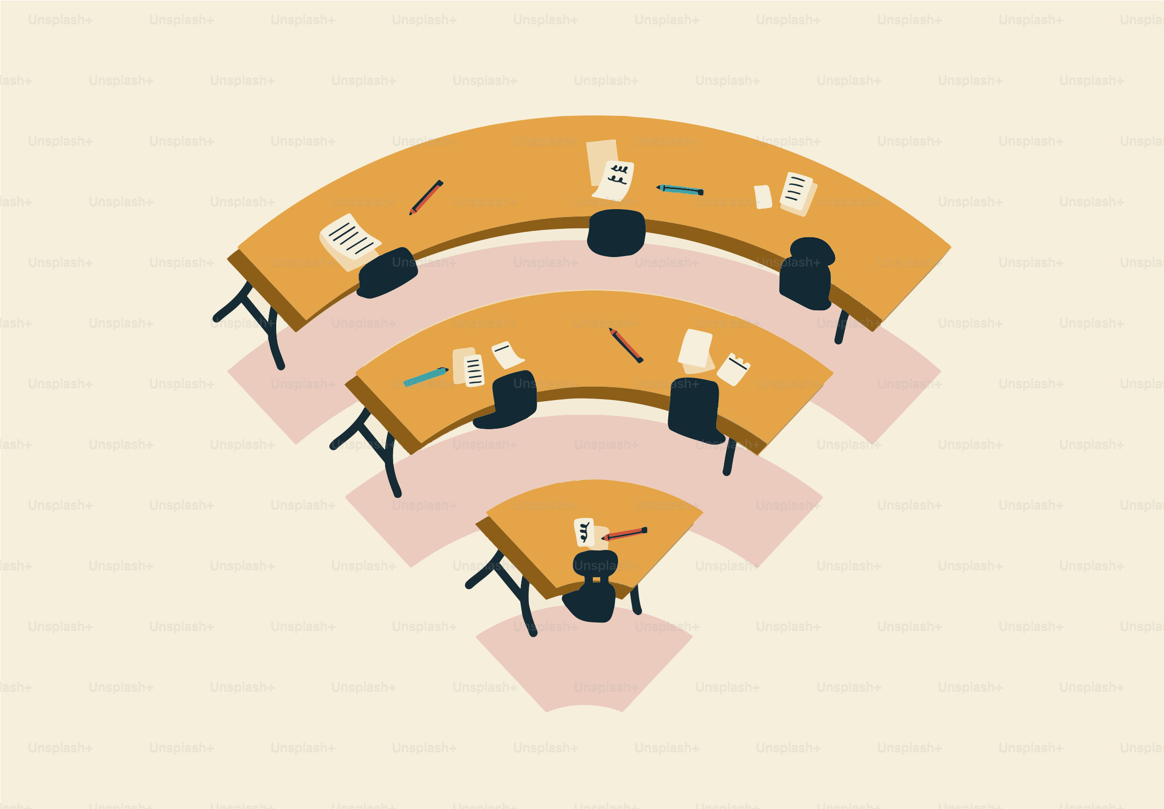 Wi-Fi信号のように並べられた円卓