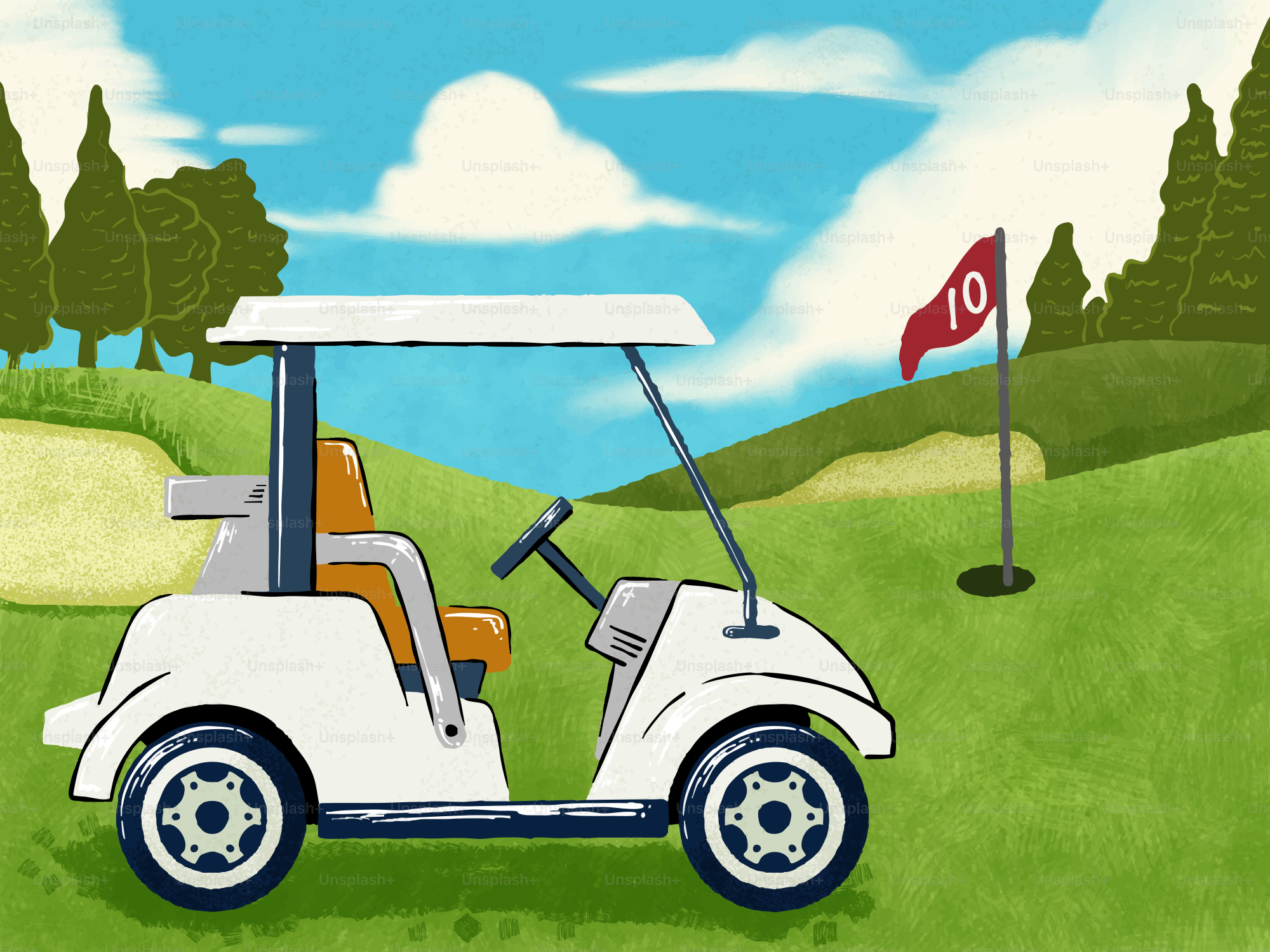 Golf cart on a course near hole 10 flag