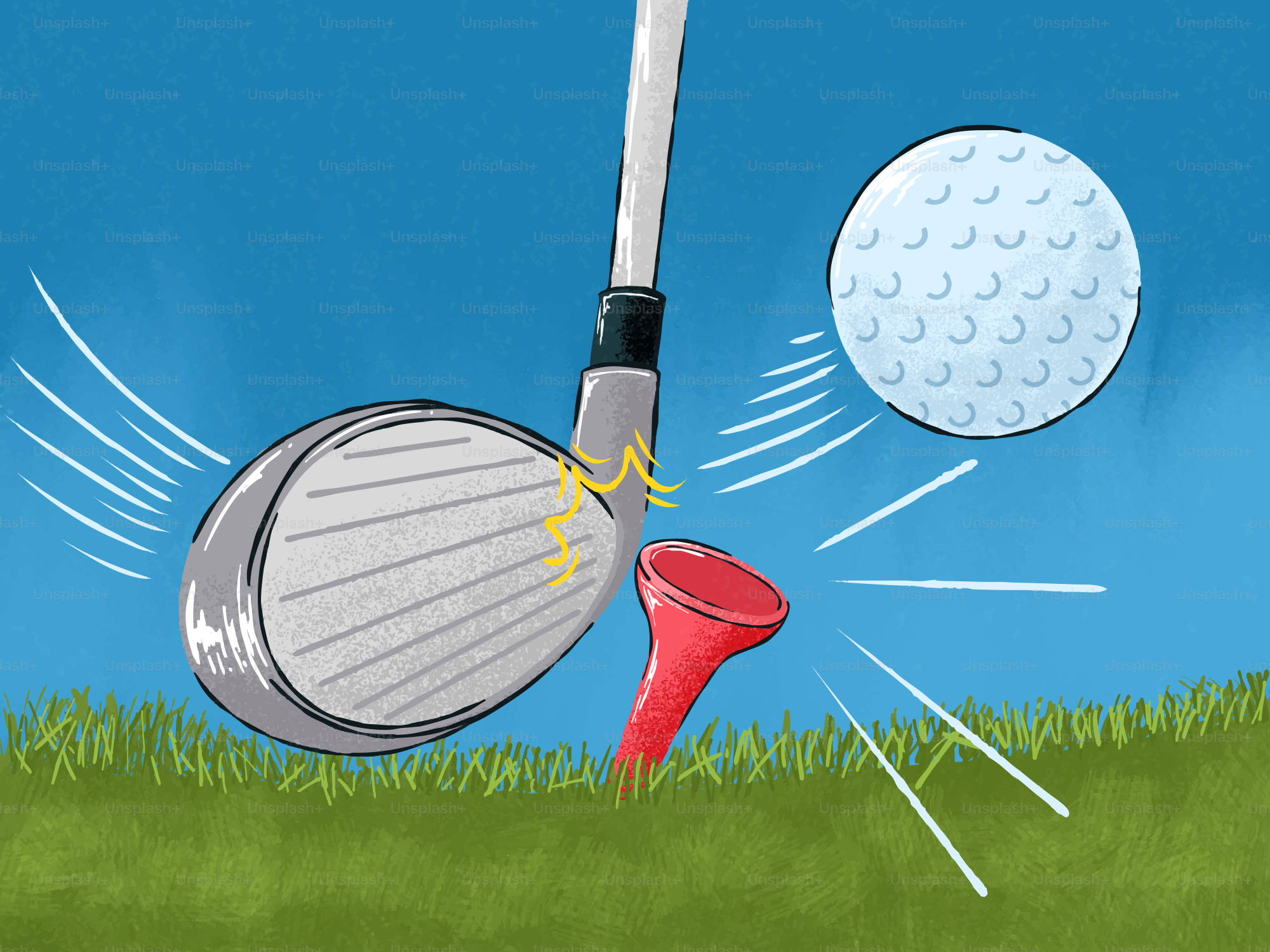 Golf club hitting a ball off a tee.