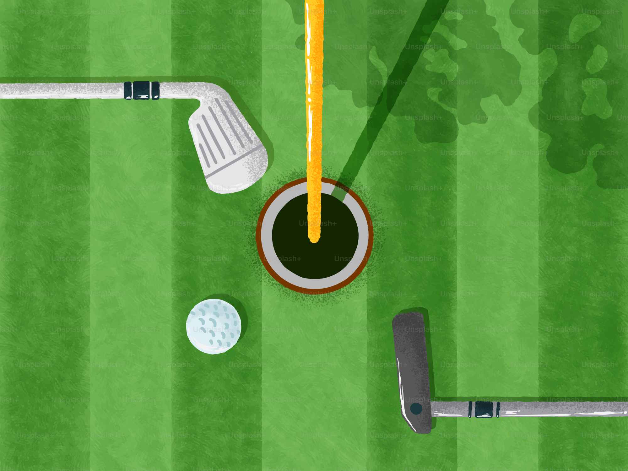 Golf club, ball, and hole on green grass