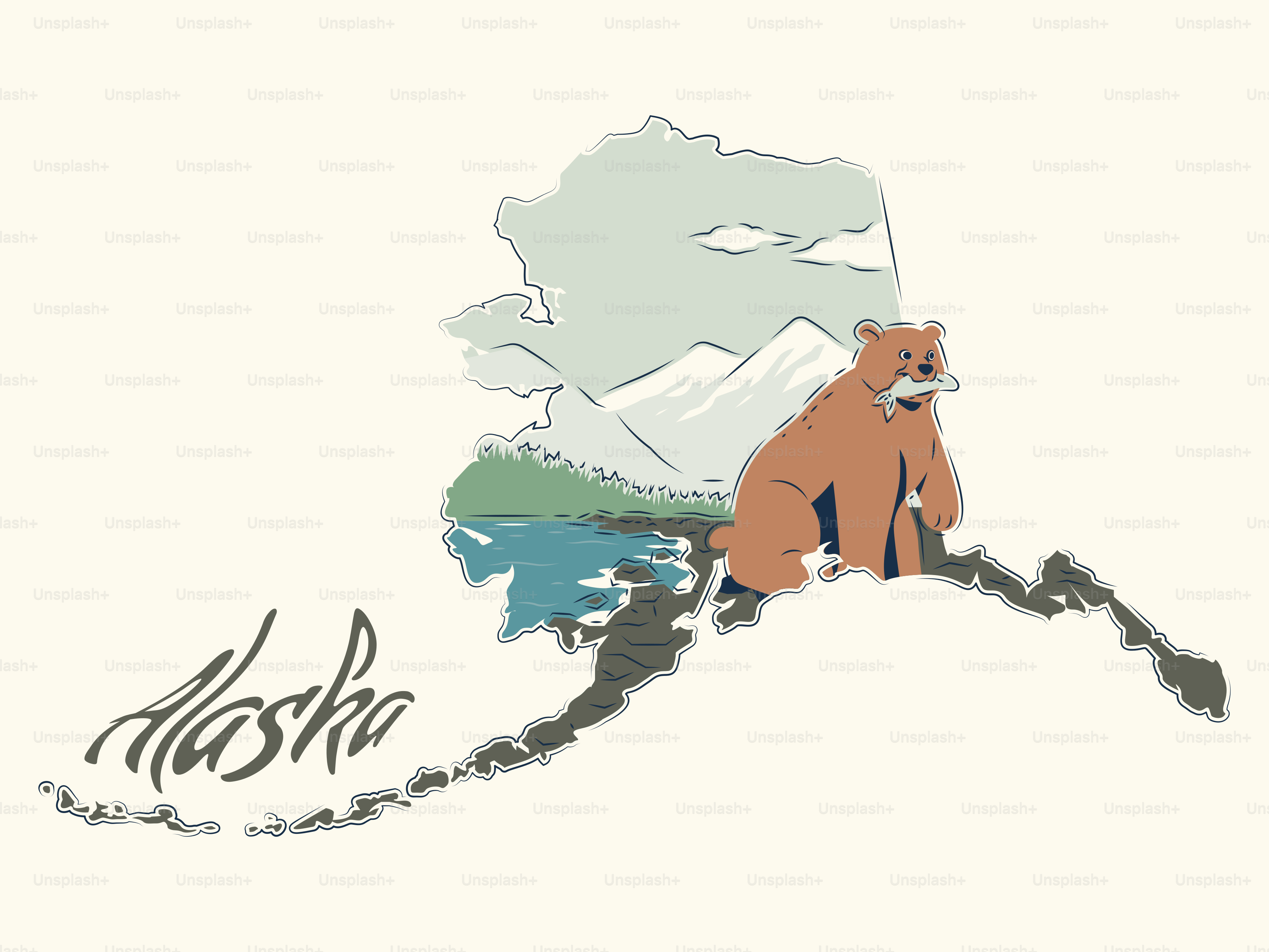 Alaska map with bear and mountains