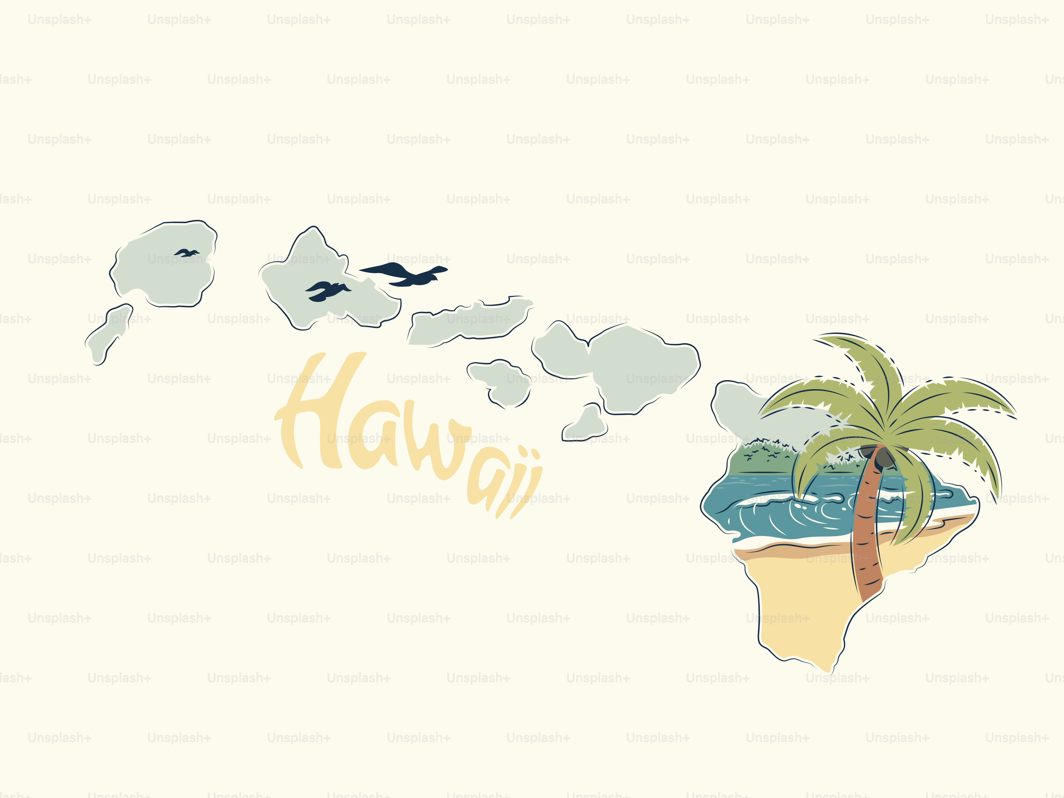 Stylized map of hawaii with palm tree and ocean
