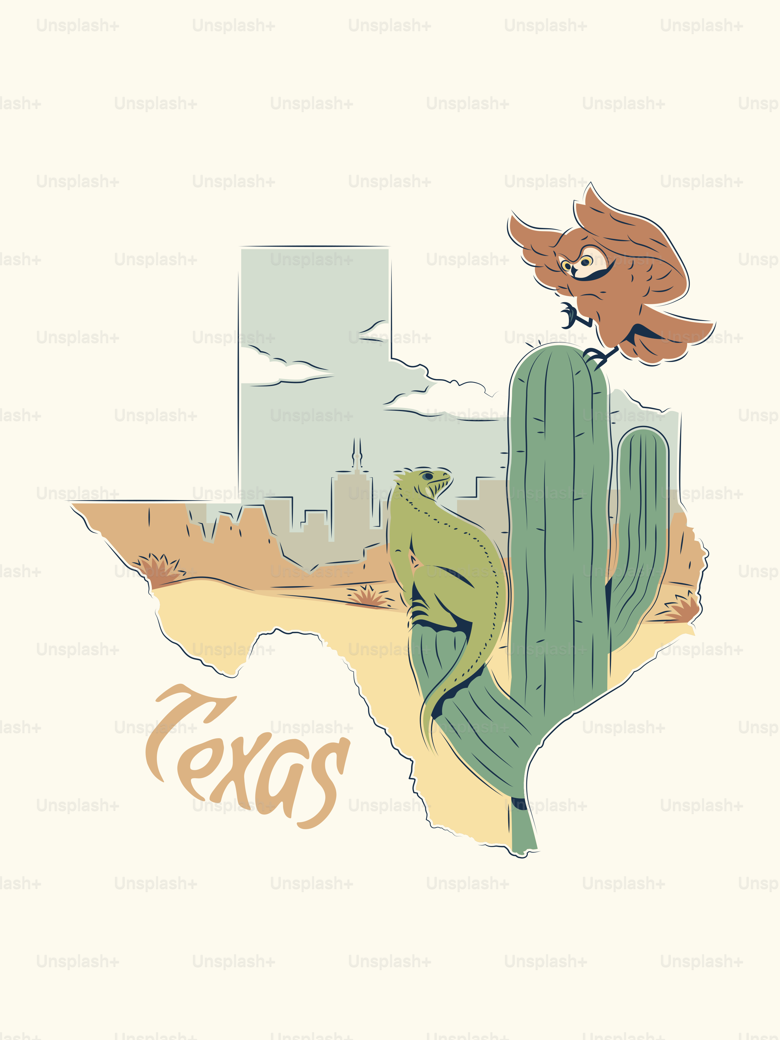 Texas map with cactus, lizard, and bird