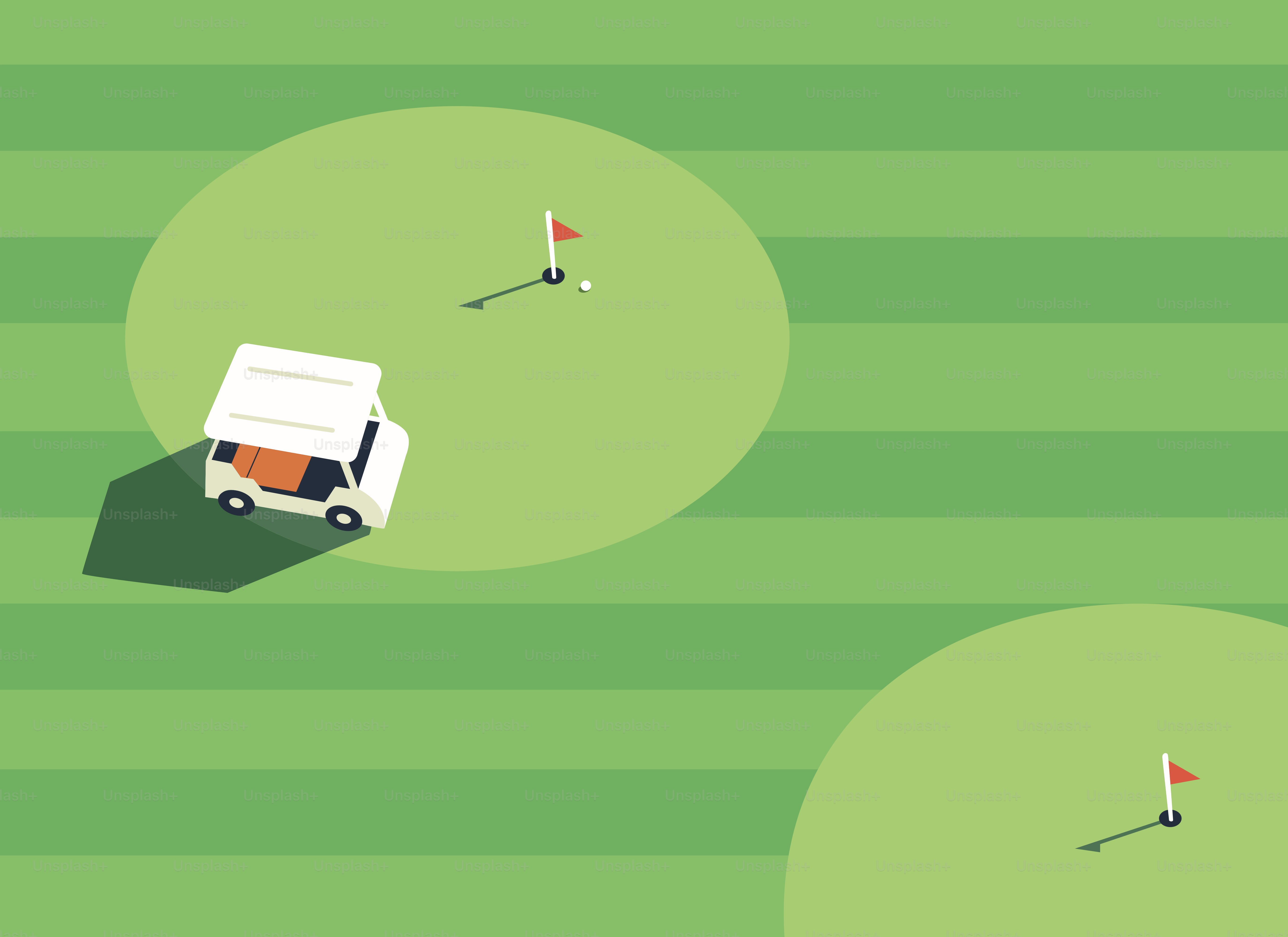 グリーンのゴルフコースでフラッグを掲げたゴルフカート。