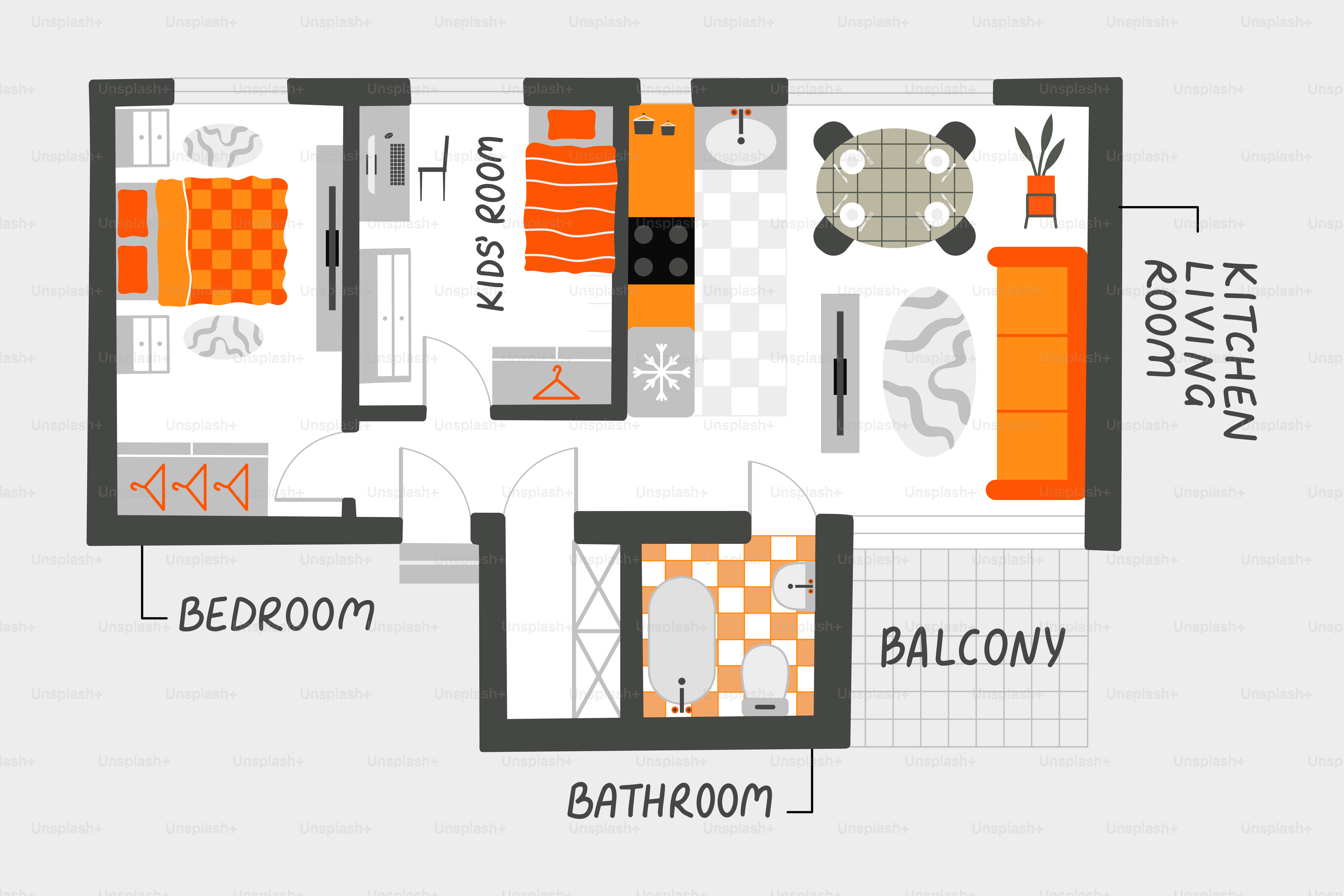 Floor plan of a modern apartment with bedroom and balcony.